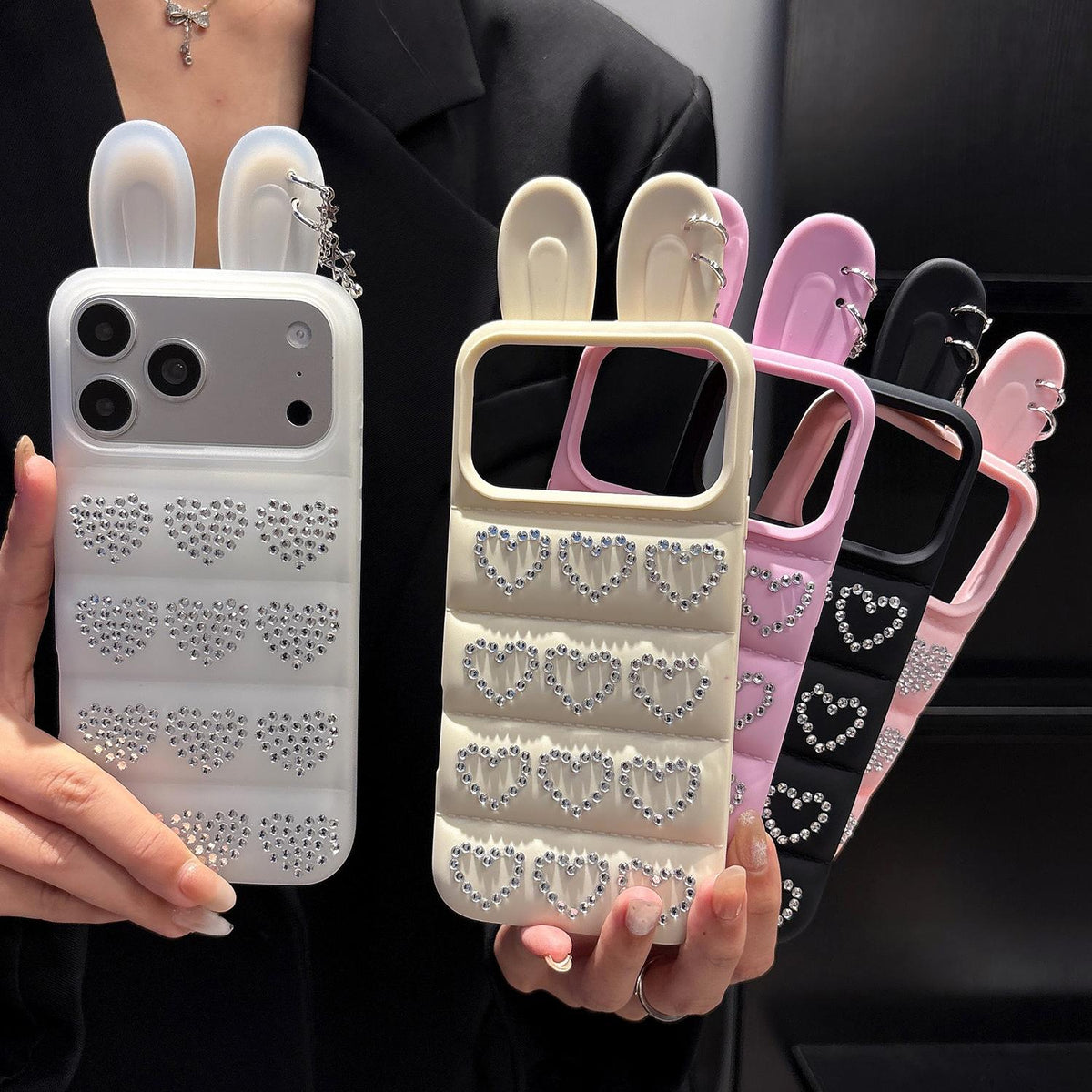 For iPhone 15 / 14 Rhinestone Hearts Bunny Ears Puffer Jacket TPU Phone Case - Pink - EDA009837609A
