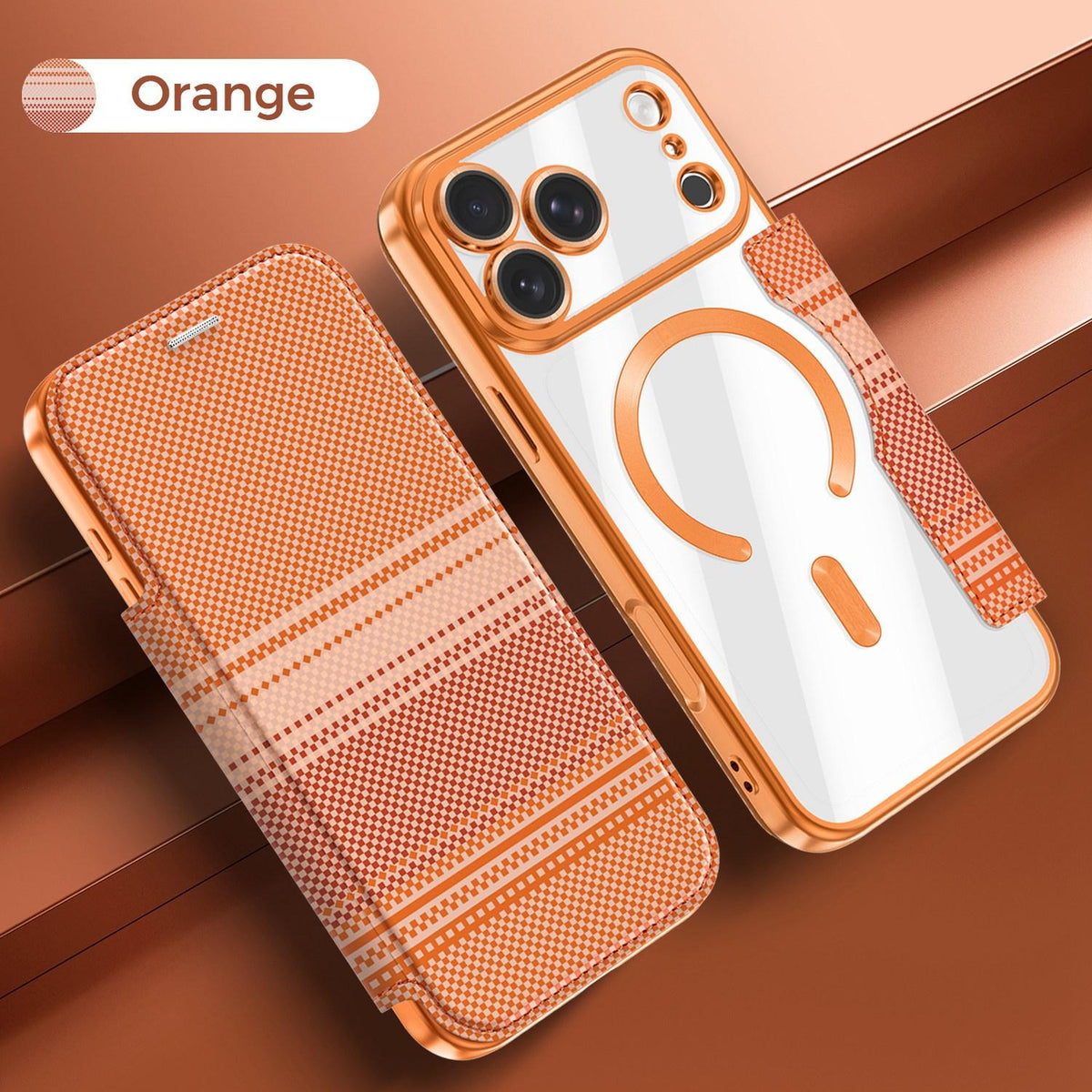 For iPhone 17 Pro Color-plaid Shield Magnetic RFID Vegan Leather Phone Case - Orange - EDA009873702A