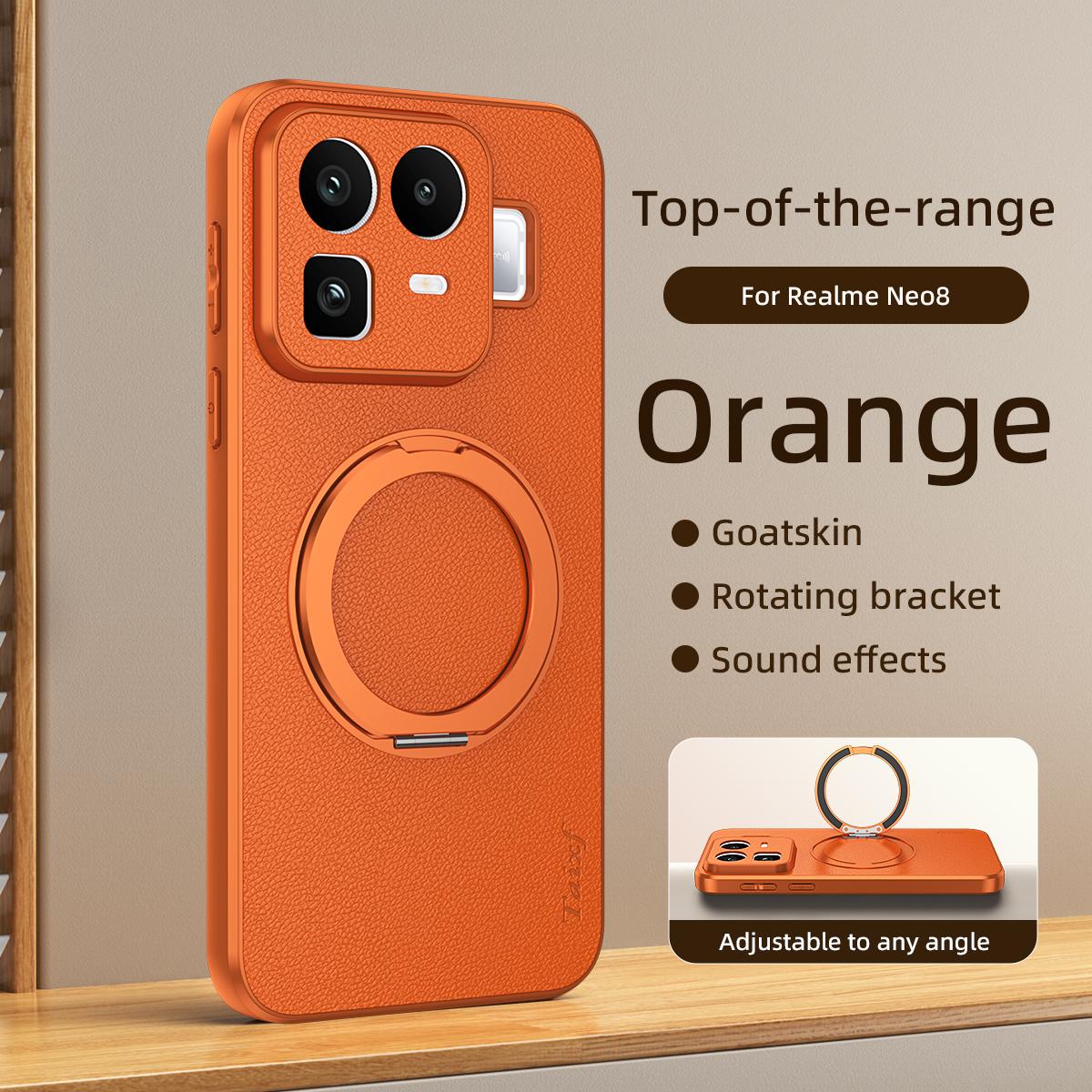 For Realme Neo8 5G Goatskin Vegan Leather Magnetic Phone Case With 360 Degree Rotating Holder - Orange - EDA009891301A