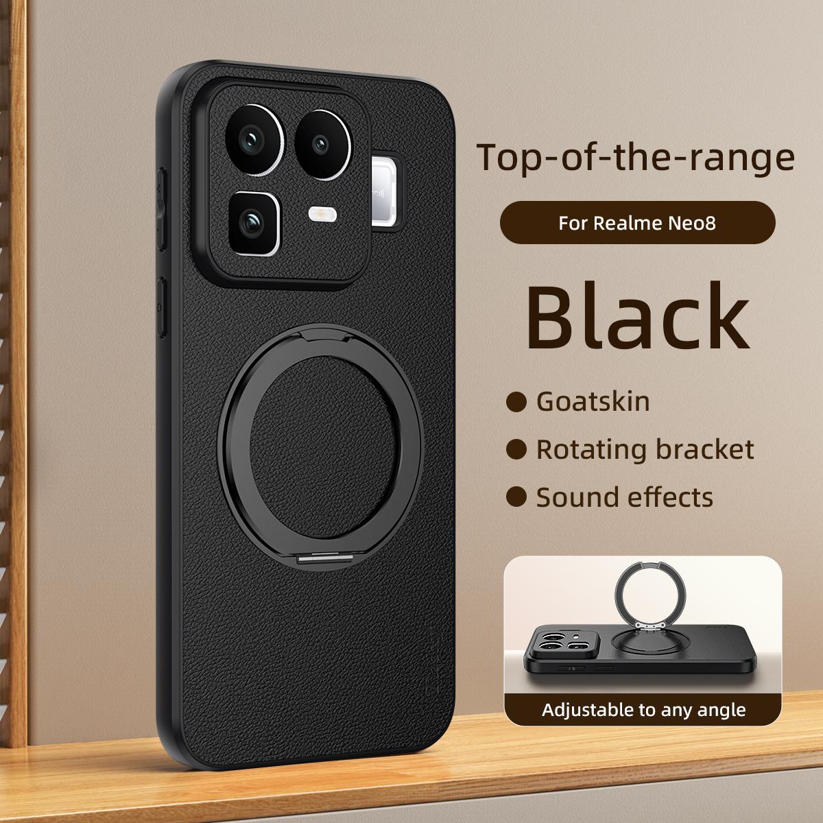 For Realme Neo8 5G Goatskin Vegan Leather Magnetic Phone Case With 360 Degree Rotating Holder - Black - EDA009891301B