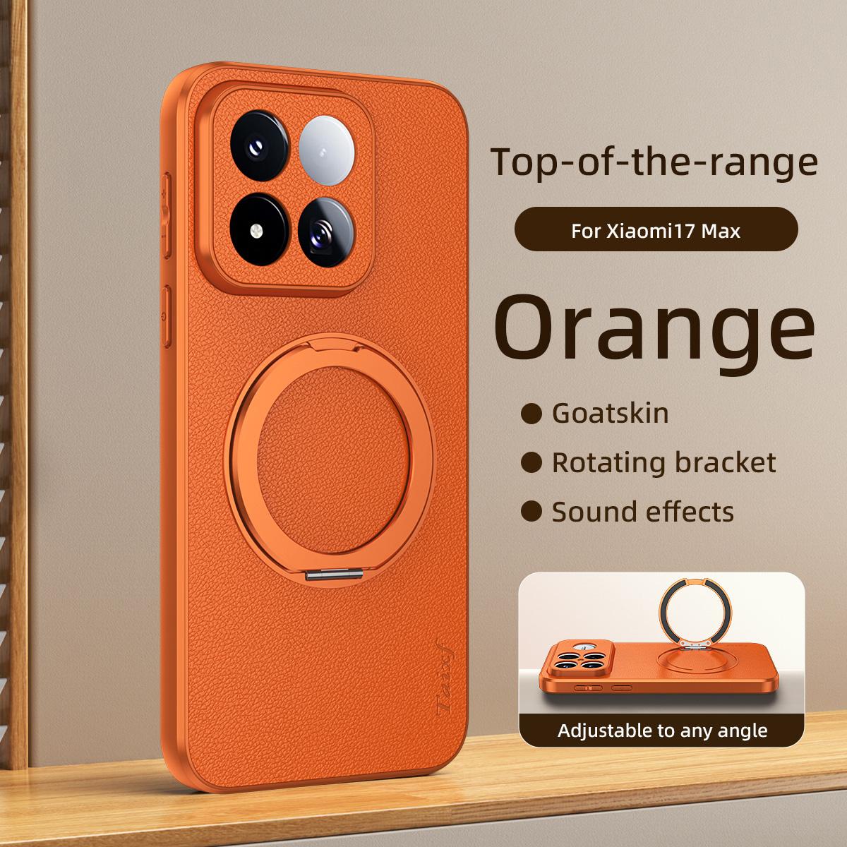 For Xiaomi 17 Max 5G Goatskin Vegan Leather Magnetic Phone Case With 360 Degree Rotating Holder - Orange - EDA009891401A
