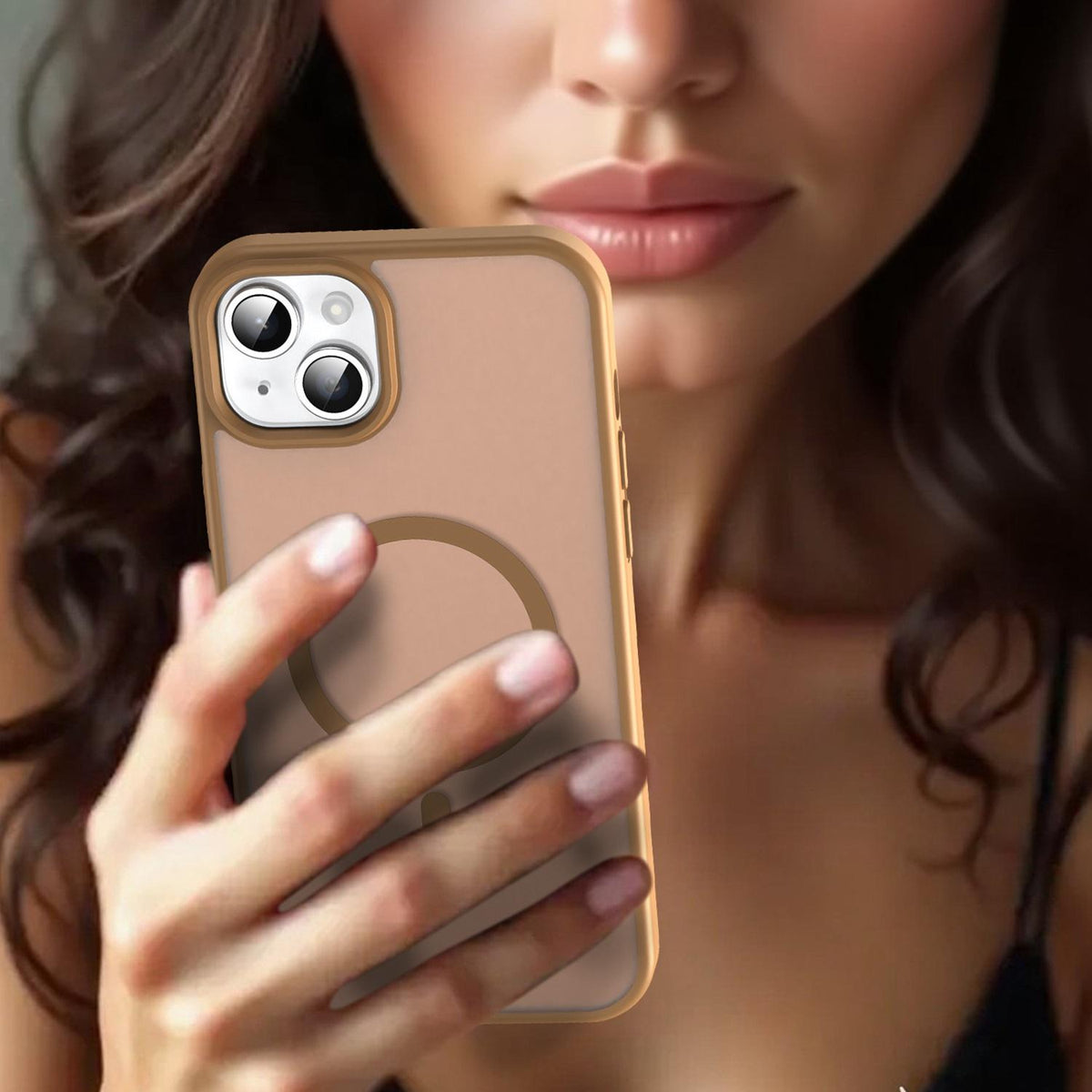 For iPhone 14 Plus Fanying Series Precision Camera Hole PC Hybrid TPU Translucent Frosted Magnetic Phone Case - Desert Gold - EDA009893305G