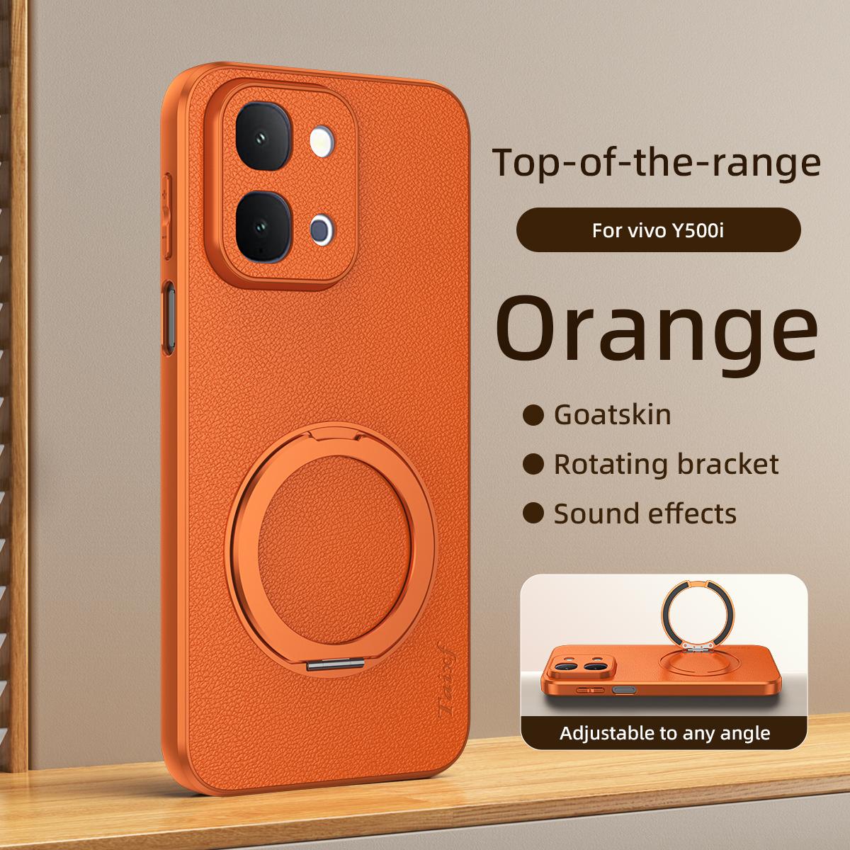 For vivo Y500i 5G Goatskin Vegan Leather Magnetic Phone Case With 360 Degree Rotating Holder - Orange - EDA009904306A