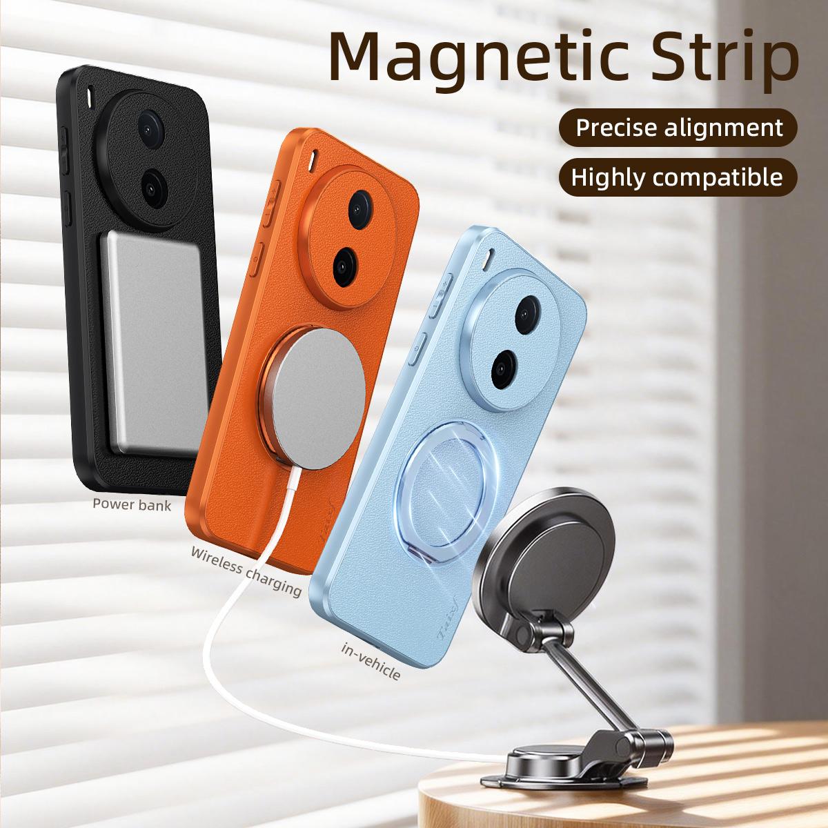 For vivo Y600 Pro 5G Goatskin Vegan Leather Magnetic Phone Case With 360 Degree Rotating Holder - Orange - EDA009904309A