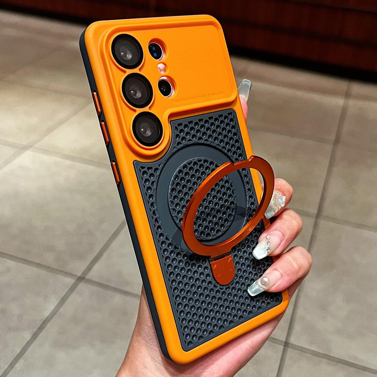 For Galaxy S26 Ultra 5G Armor Shield Mesh Cooling Magnetic Holder Phone Case with Lens Film - Orange - EDA009932801A
