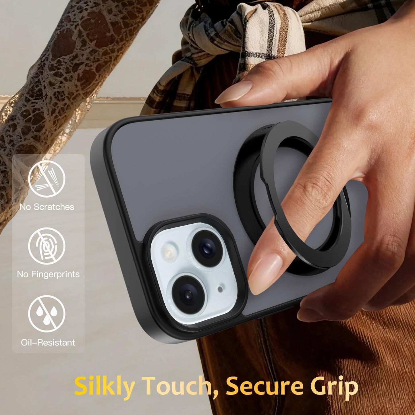 For iPhone 15 Skin Feel Revolving Kickstand Magnetic Phone Case(Black)