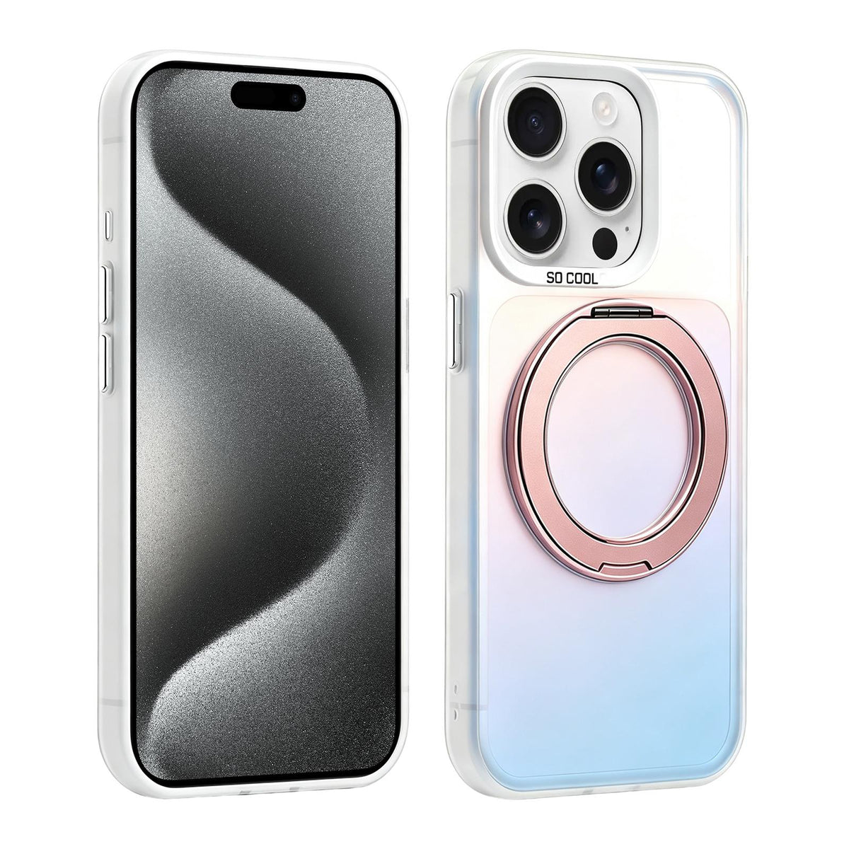 For iPhone 15 Pro Aurora 2.0 PC Hybrid TPU Laser Magnetic Phone Case with Rotating Holder - Rose Gold - EDA009948808E
