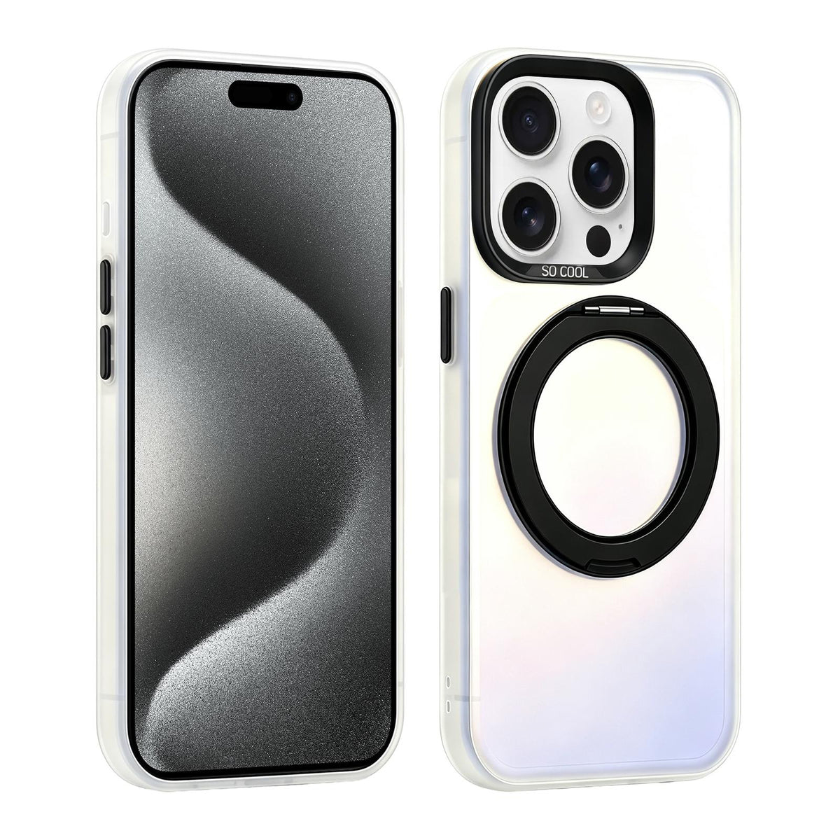 For iPhone 15 Pro Aurora 2.0 PC Hybrid TPU Laser Magnetic Phone Case with Rotating Holder - Black - EDA009948808F