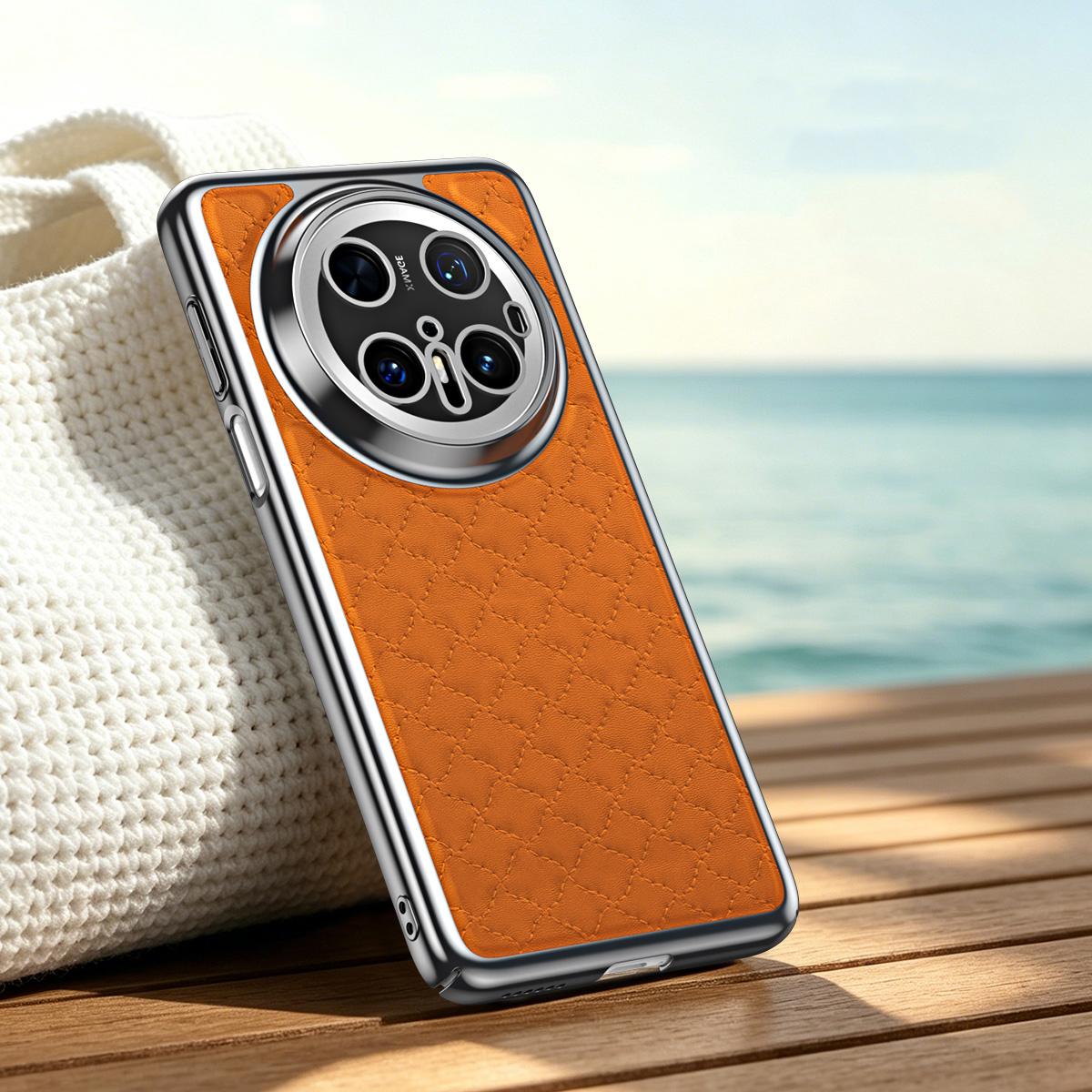 For Huawei Mate 70 Rhombus Texture Magnetic Vegan Leather Phone Case - Orange - EDA009951203D