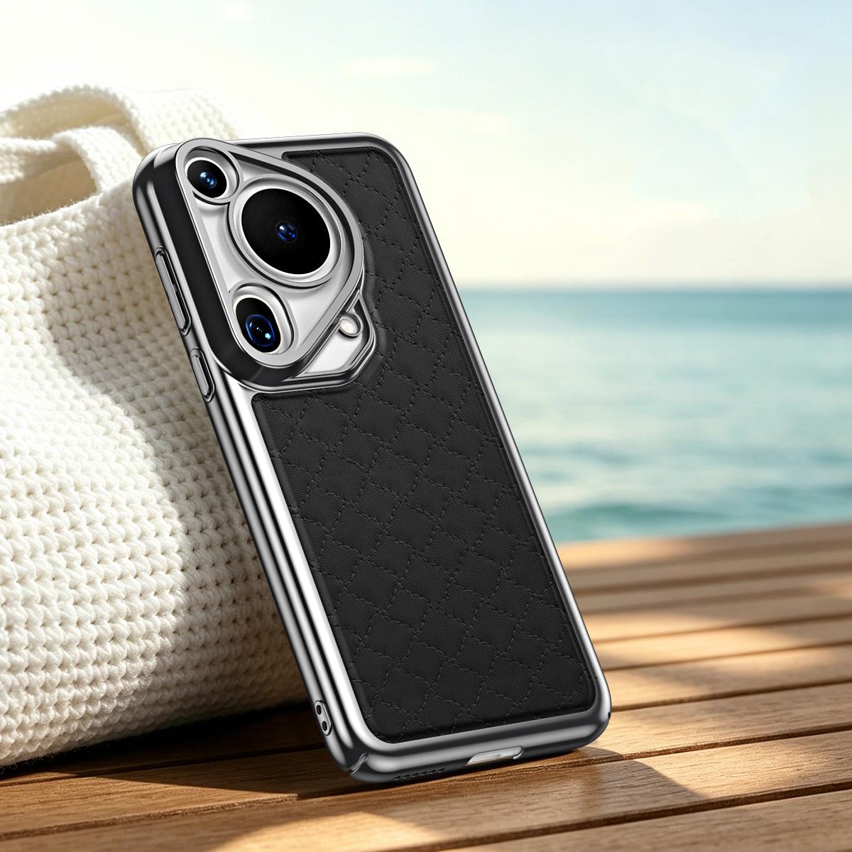 For Huawei Pura 70 Ultra Rhombus Texture Magnetic Vegan Leather Phone Case - Black - EDA009951212B