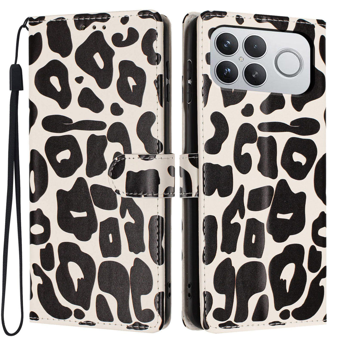 For Redmi K90 Pro Max / Poco F8 Ultra Leopard Print Wallet Vegan Leather Phone Case with Lanyard(Black)