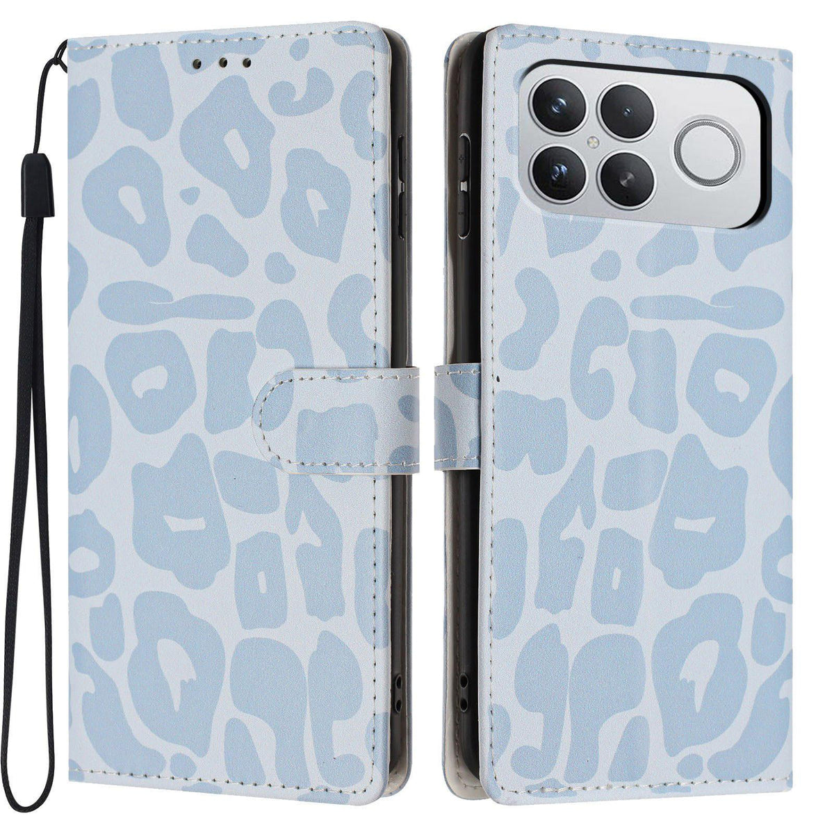 For Redmi K90 Pro Max / Poco F8 Ultra Leopard Print Wallet Vegan Leather Phone Case with Lanyard(Sky Blue)