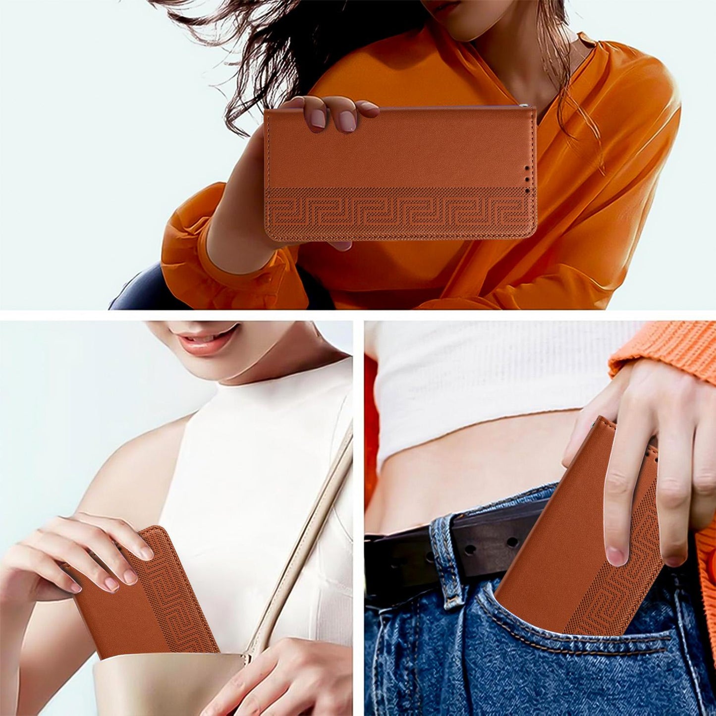 For Redmi K90 Pro Max/Poco F8 Ultra Embossed Meander Pattern RFID Vegan Leather Phone Case(Brown)
