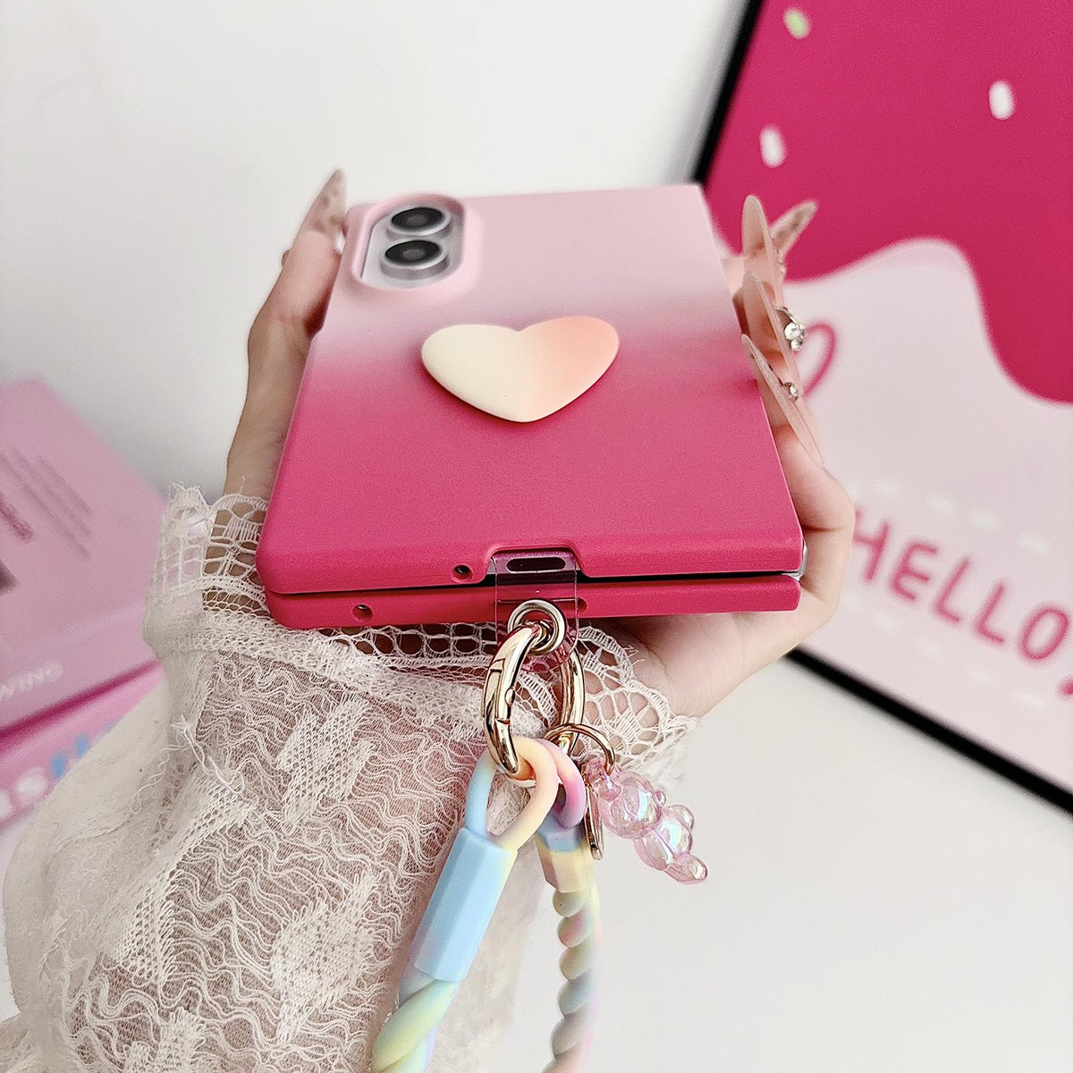 For Galaxy Z Fold7 5G Skin Feel Gradient Rose Pink DIY Heart Shaped Phone Case - Default - EDA009971904