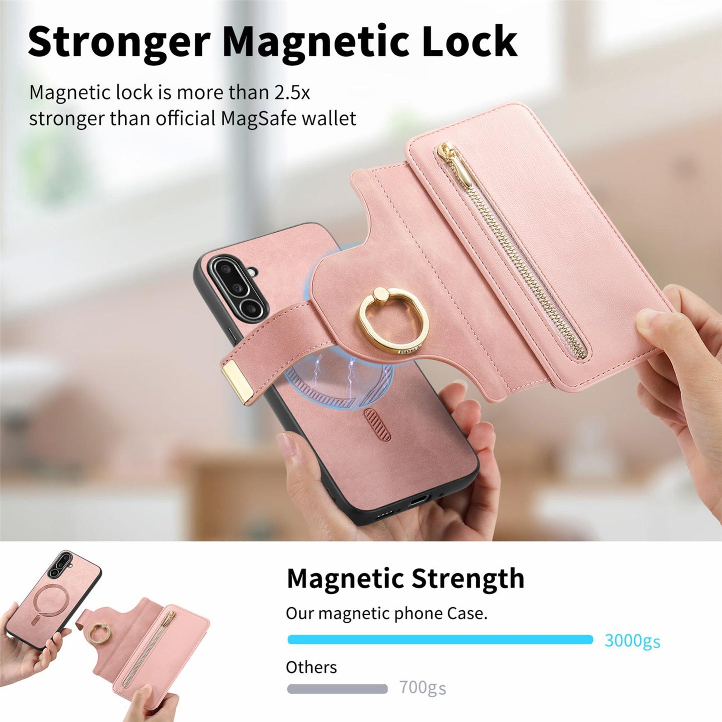 For Galaxy M56 5G Ring Zipper Wallet RFID Blocking MagSafe Leather Phone Case(Pink)