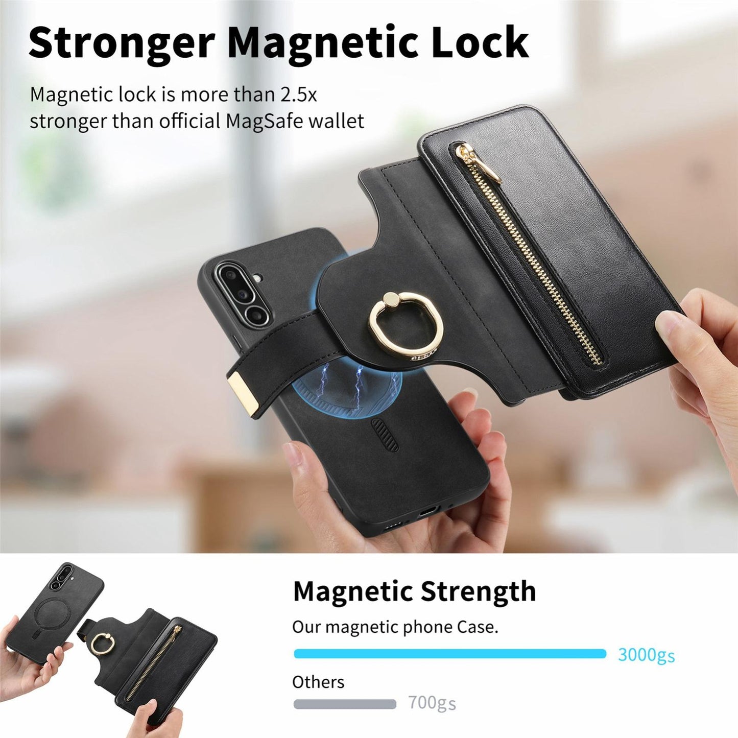 For Galaxy M56 5G Ring Zipper Wallet RFID Blocking MagSafe Leather Phone Case(Black)