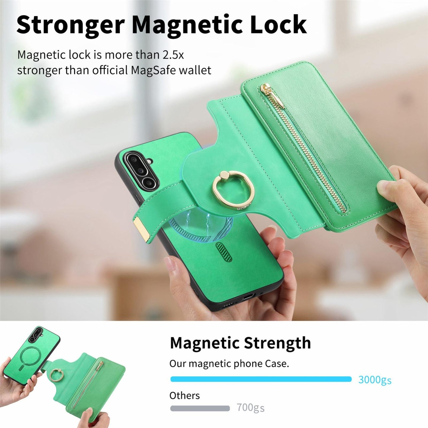 For Galaxy M56 5G Ring Zipper Wallet RFID Blocking MagSafe Leather Phone Case(Green)