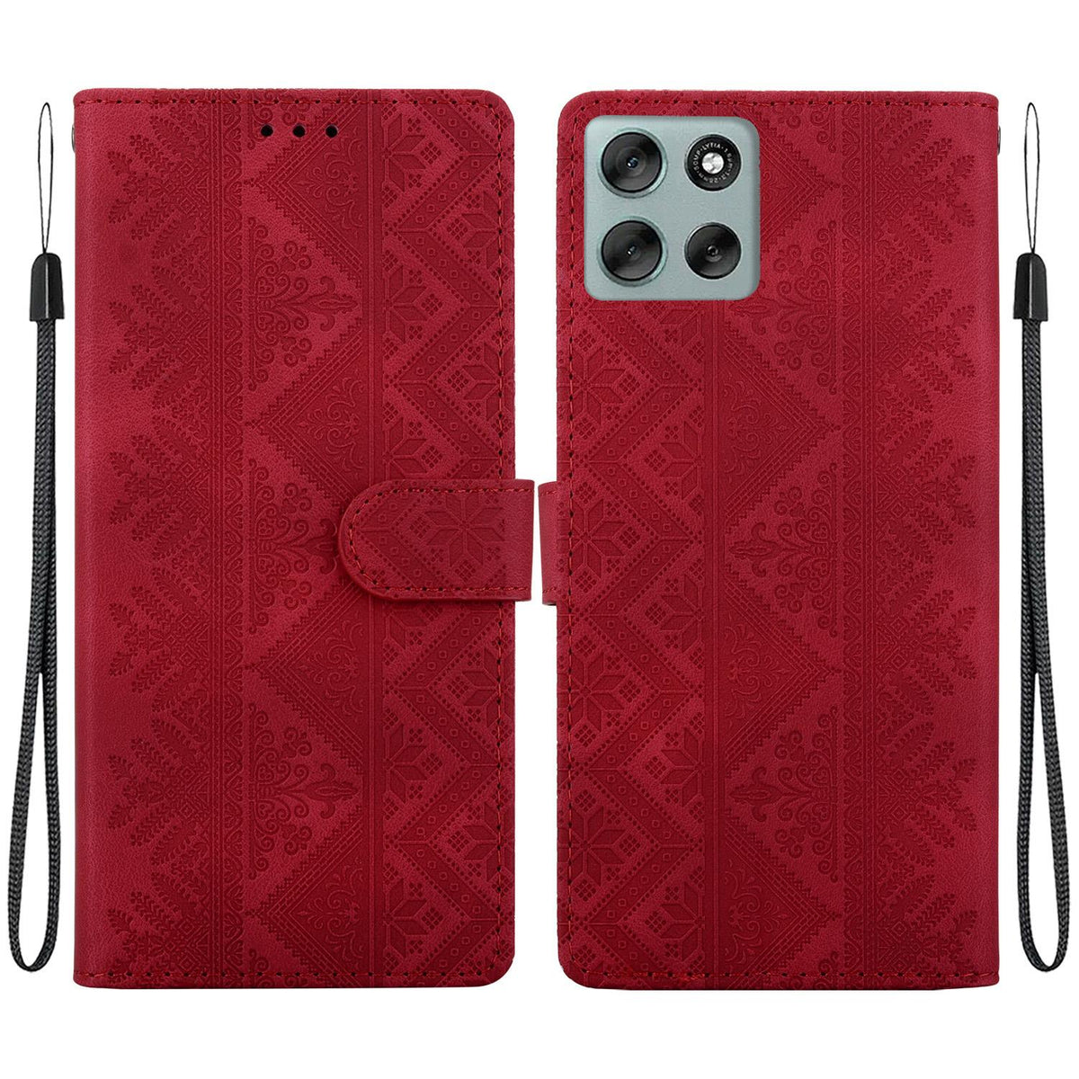 For Motorola Moto G56 5G / G66j 5G / G66y 5G Ethnic Pattern Embossed Vegan Leather Phone Case - Red - EDA009983915C