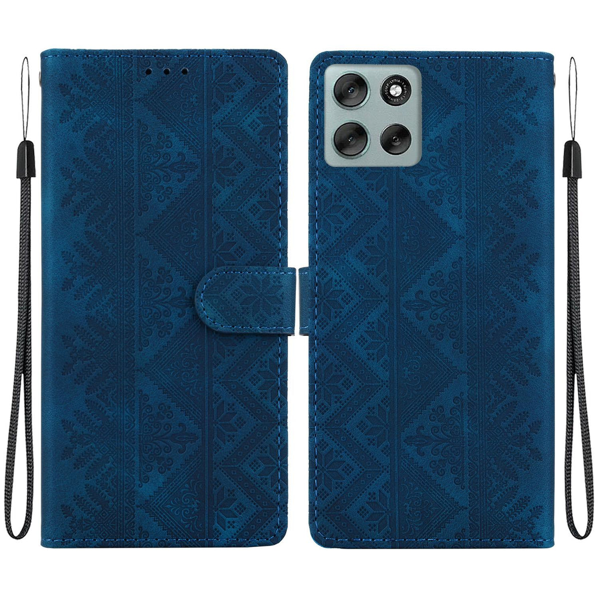 For Motorola Moto G56 5G / G66j 5G / G66y 5G Ethnic Pattern Embossed Vegan Leather Phone Case - Dark Blue - EDA009983915E