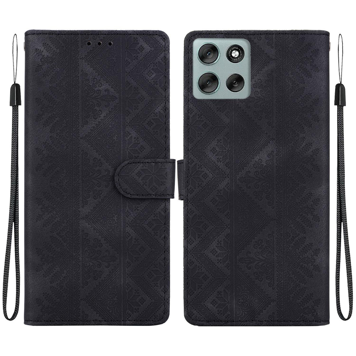 For Motorola Moto G56 5G / G66j 5G / G66y 5G Ethnic Pattern Embossed Vegan Leather Phone Case - Black - EDA009983915F