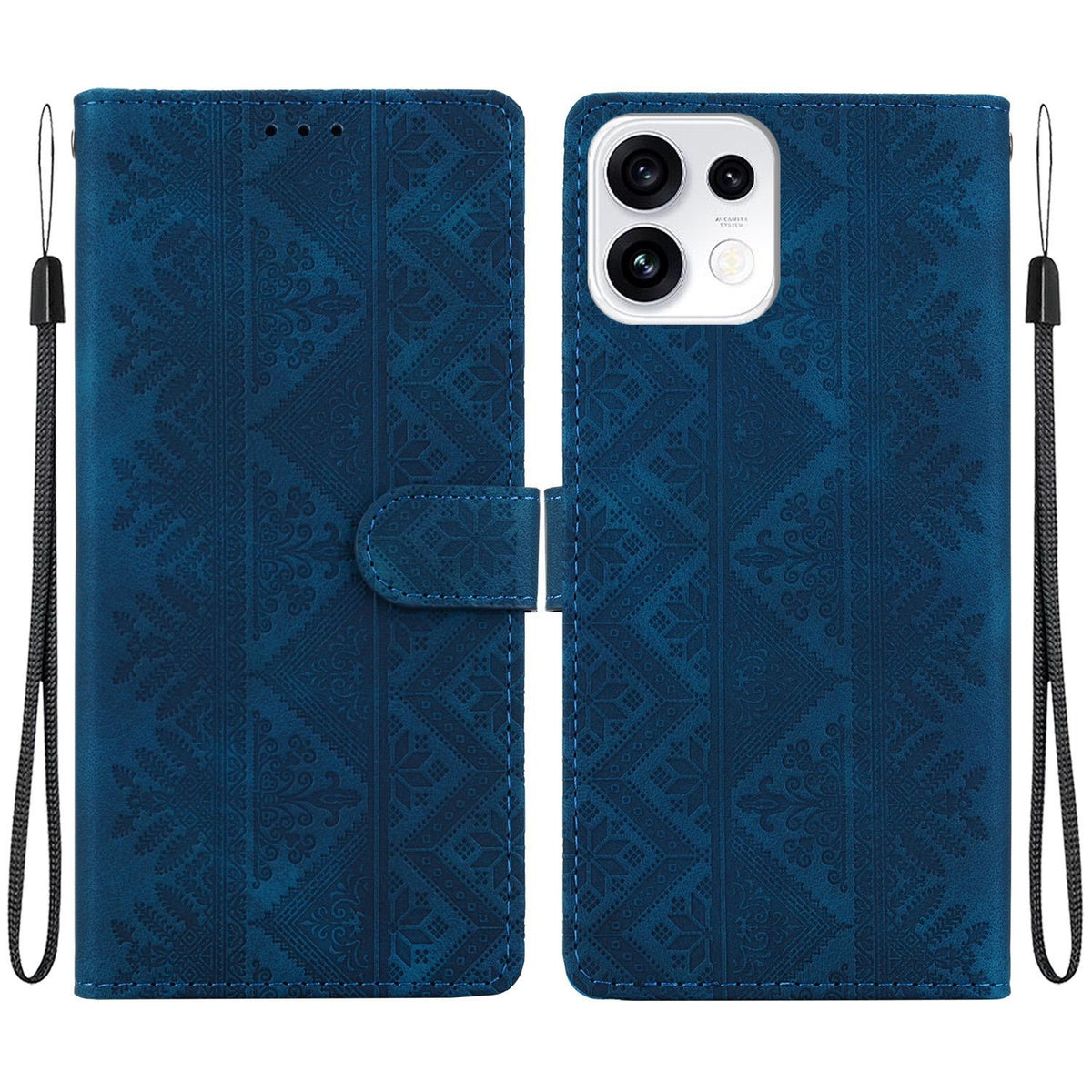 For OPPO Reno16 5G / Reno16 Pro 5G Global Ethnic Pattern Embossed Vegan Leather Phone Case - Dark Blue - EDA009984512E