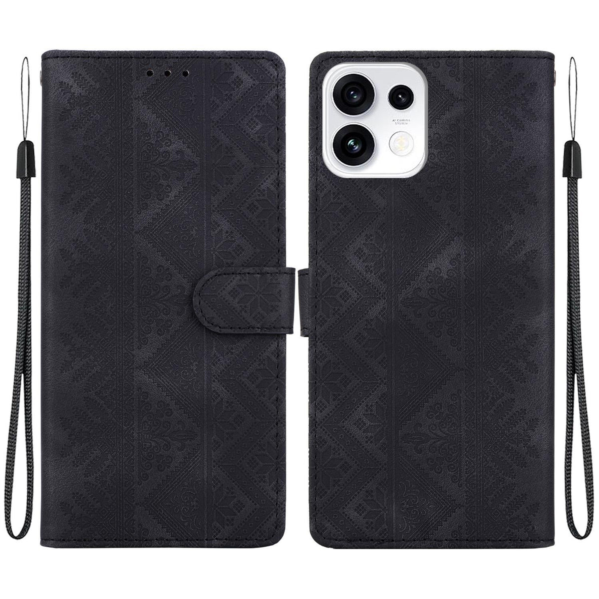 For OPPO Reno16 5G / Reno16 Pro 5G Global Ethnic Pattern Embossed Vegan Leather Phone Case - Black - EDA009984512F