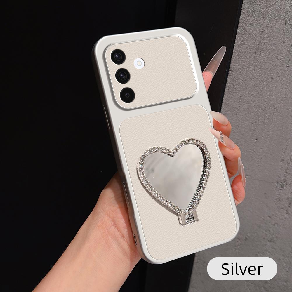 For Galaxy A36 5G Lambskin Series Skin Feel Shockproof Phone Case with Heart Mirror Holder - Silver - EDA009989409D
