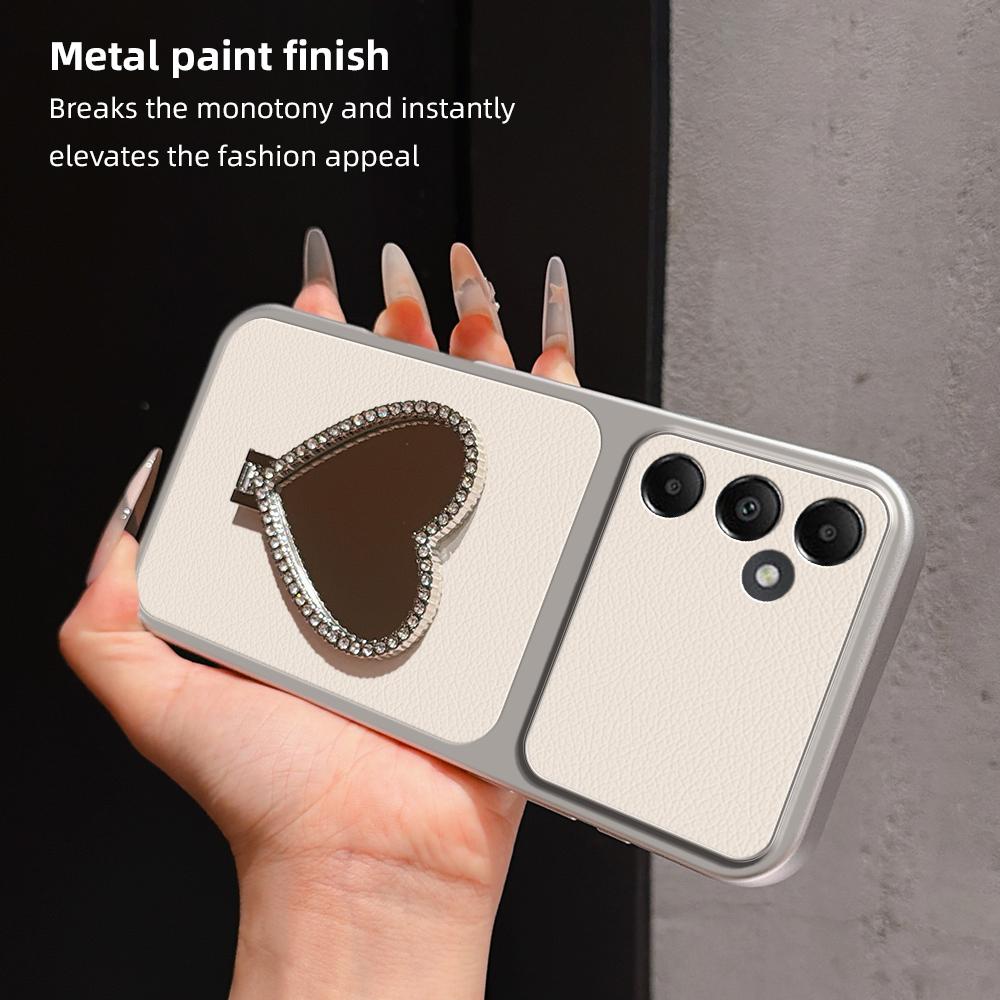 For Galaxy A05s Lambskin Series Skin Feel Shockproof Phone Case with Heart Mirror Holder - Orange - EDA009989416E