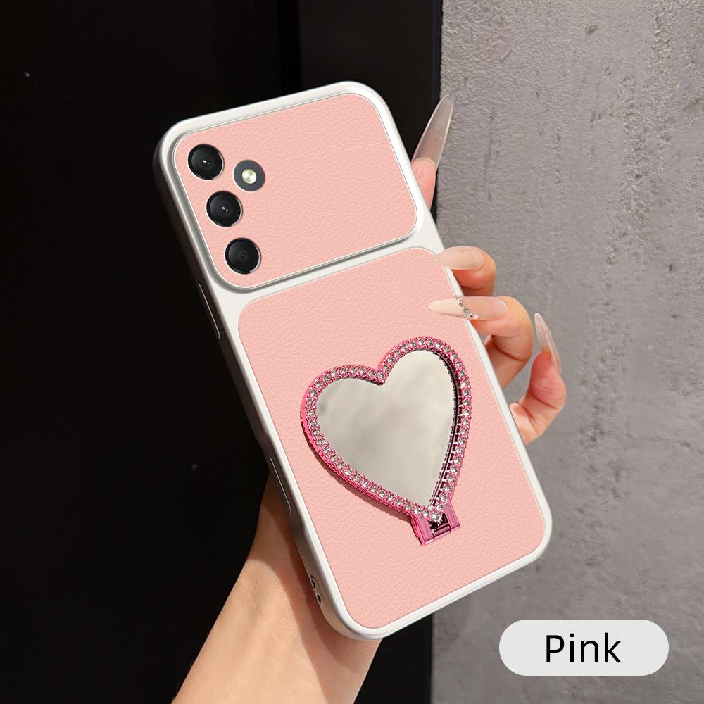 For Galaxy A24 4G Lambskin Series Skin Feel Shockproof Phone Case with Heart Mirror Holder - Pink - EDA009989418A