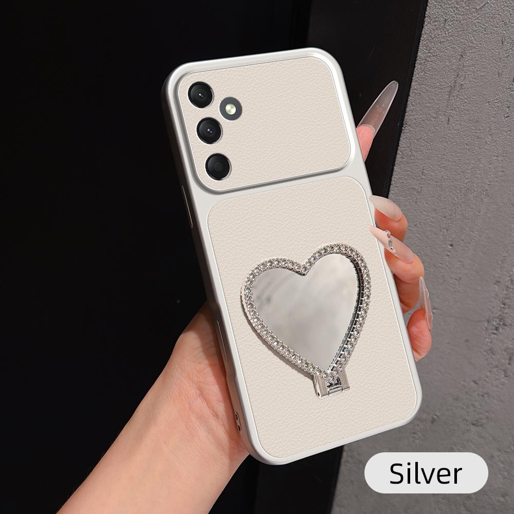 For Galaxy A24 4G Lambskin Series Skin Feel Shockproof Phone Case with Heart Mirror Holder - Silver - EDA009989418D