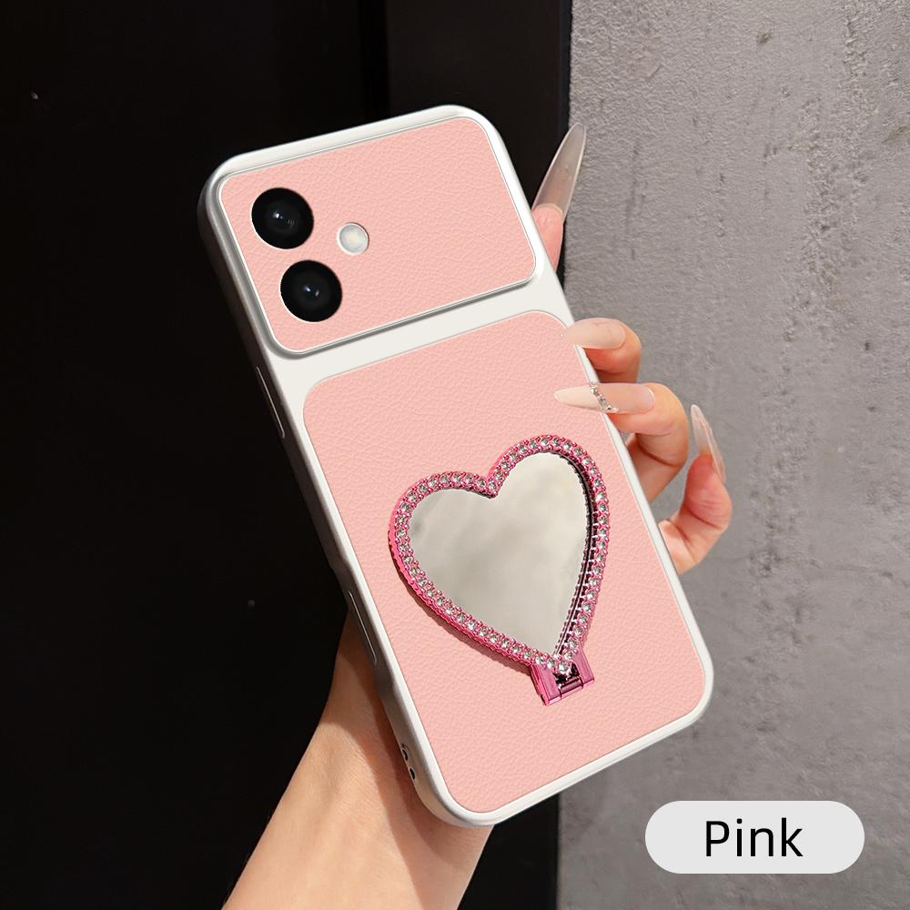 For Galaxy S26 Edge 5G Lambskin Series Skin Feel Shockproof Phone Case with Heart Mirror Holder - Pink - EDA009990603A