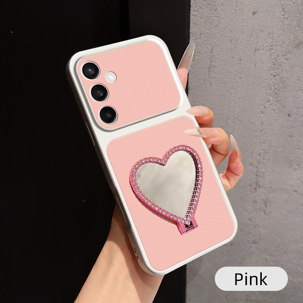 For Galaxy S25 FE 5G Lambskin Series Skin Feel Shockproof Phone Case with Heart Mirror Holder - Pink - EDA009990606A