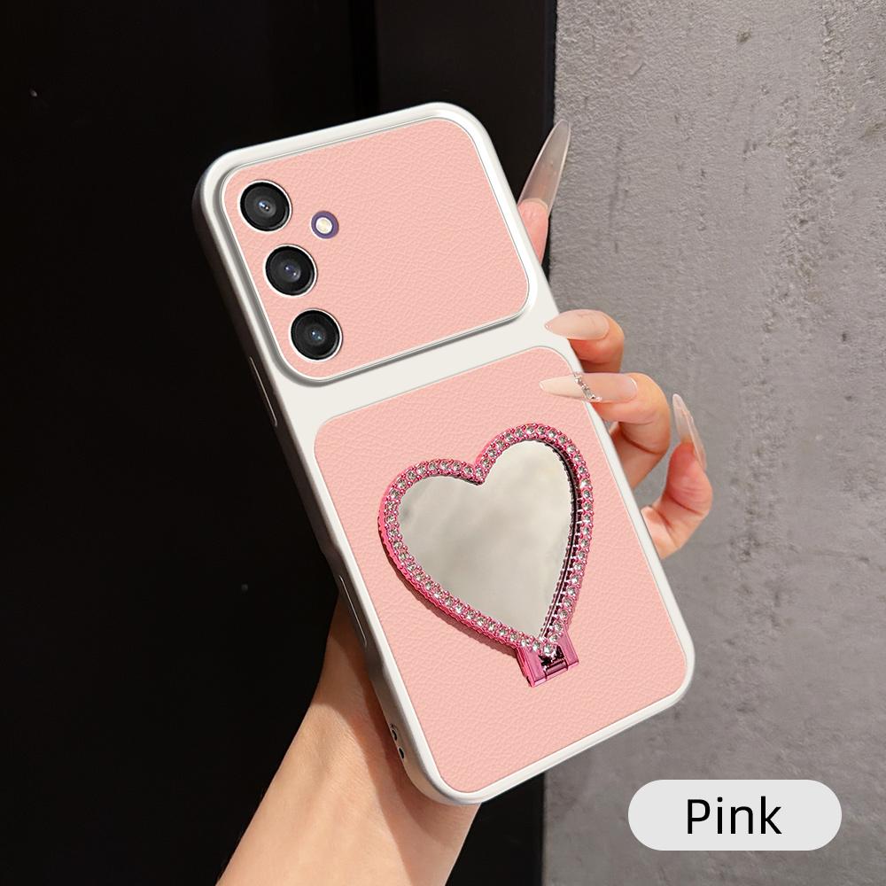 For Galaxy S24 5G Lambskin Series Skin Feel Shockproof Phone Case with Heart Mirror Holder - Pink - EDA009990612A