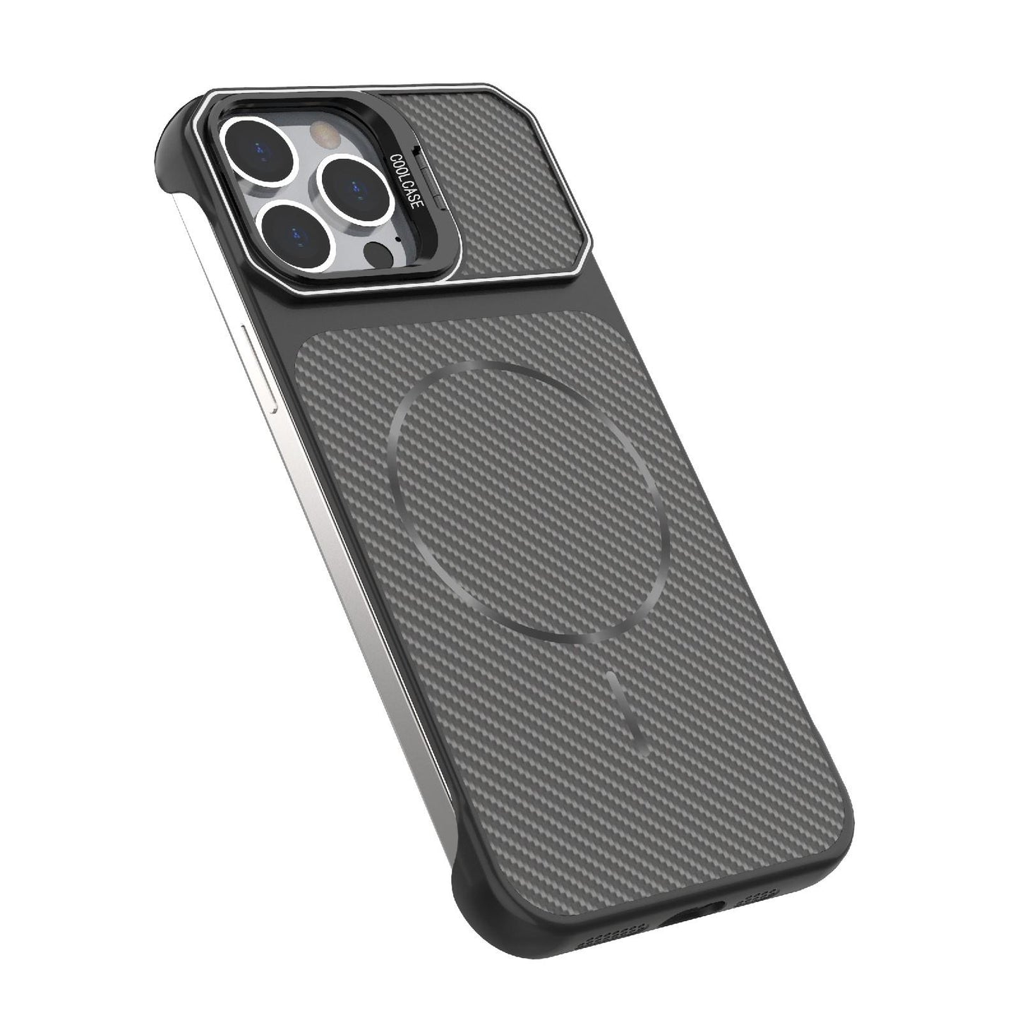 For iPhone 13 Pro Max Frameless Half-Wrapped Carbon Fiber Texture PC Magnetic Phone Case(Silver)