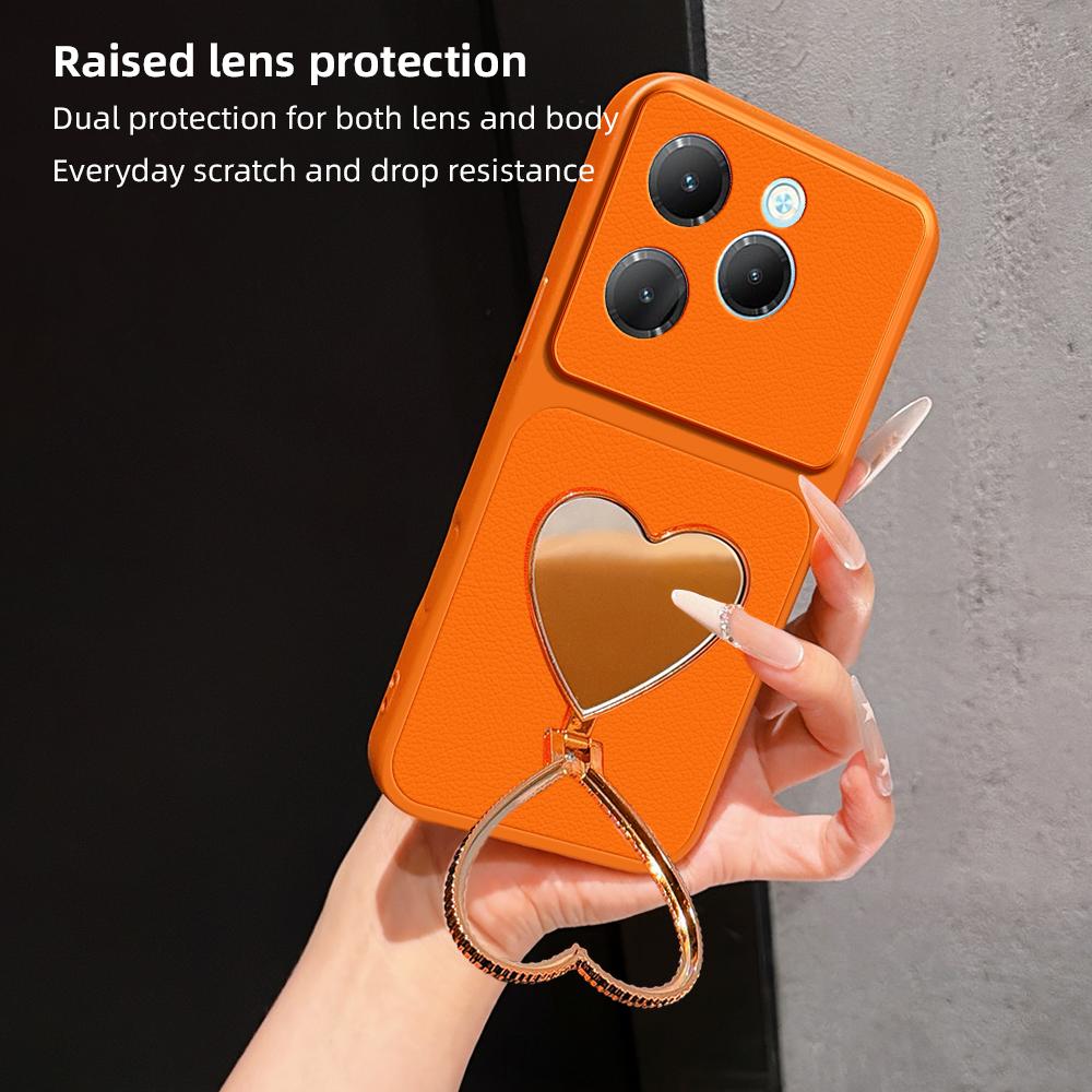 For Infinix Hot 40 Lambskin Series Skin Feel Shockproof Phone Case with Heart Mirror Holder - Silver - EDA009991405D