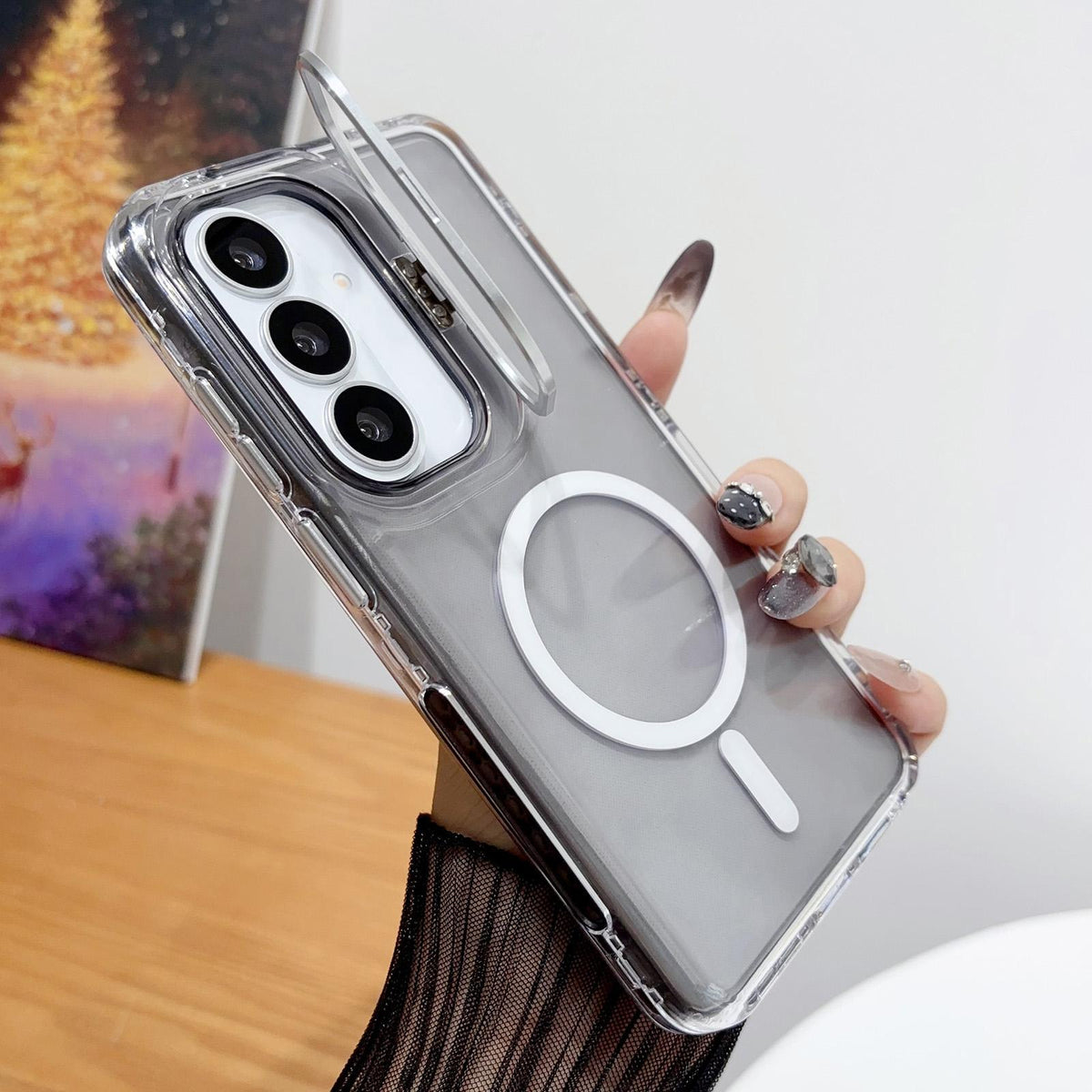 For Galaxy A37 5G Crystal Clear Camera Lens Holder Magnetic Phone Case - Black - EDA009991706B