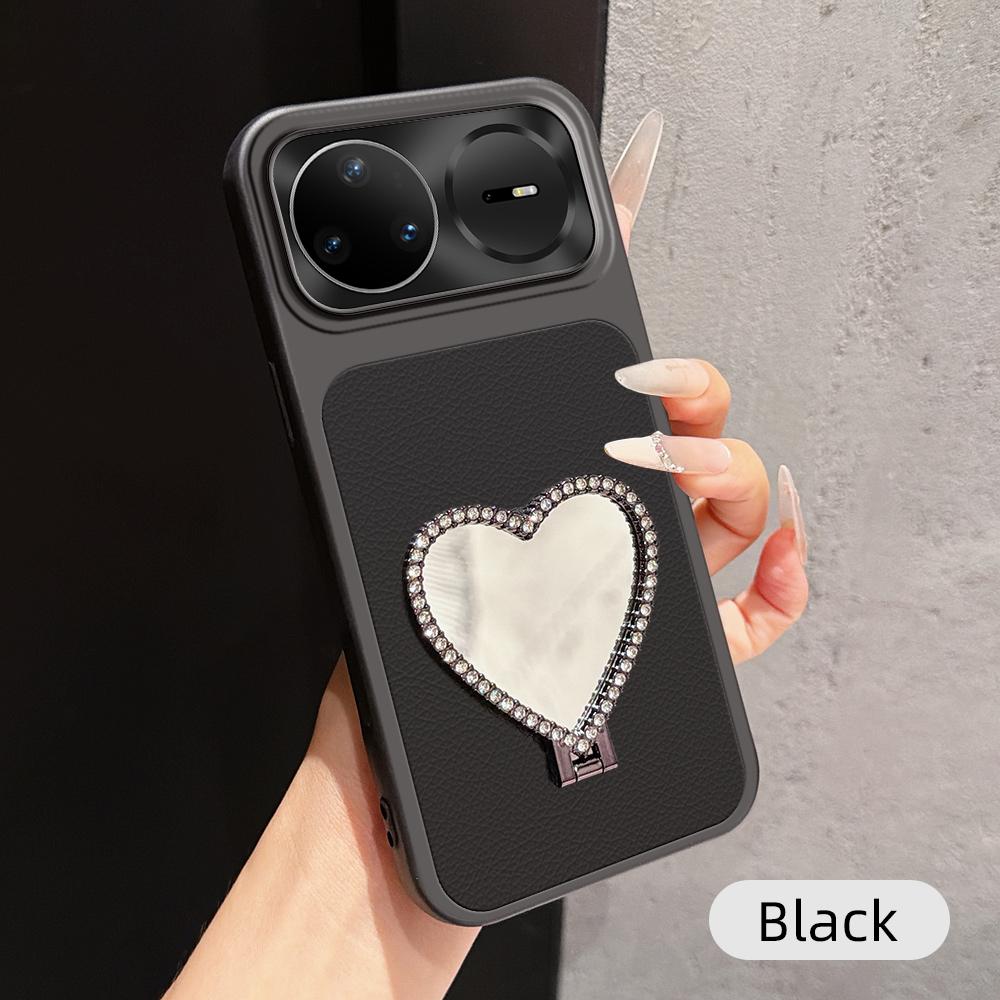 For Huawei nova 15 Pro Lambskin Series Skin Feel Shockproof Phone Case with Heart Mirror Holder - Black - EDA009994320C