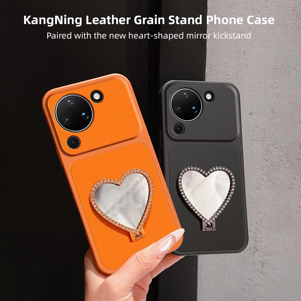 For Huawei Pura 90 5G Lambskin Series Skin Feel Shockproof Phone Case with Heart Mirror Holder - Pink - EDA009994331A