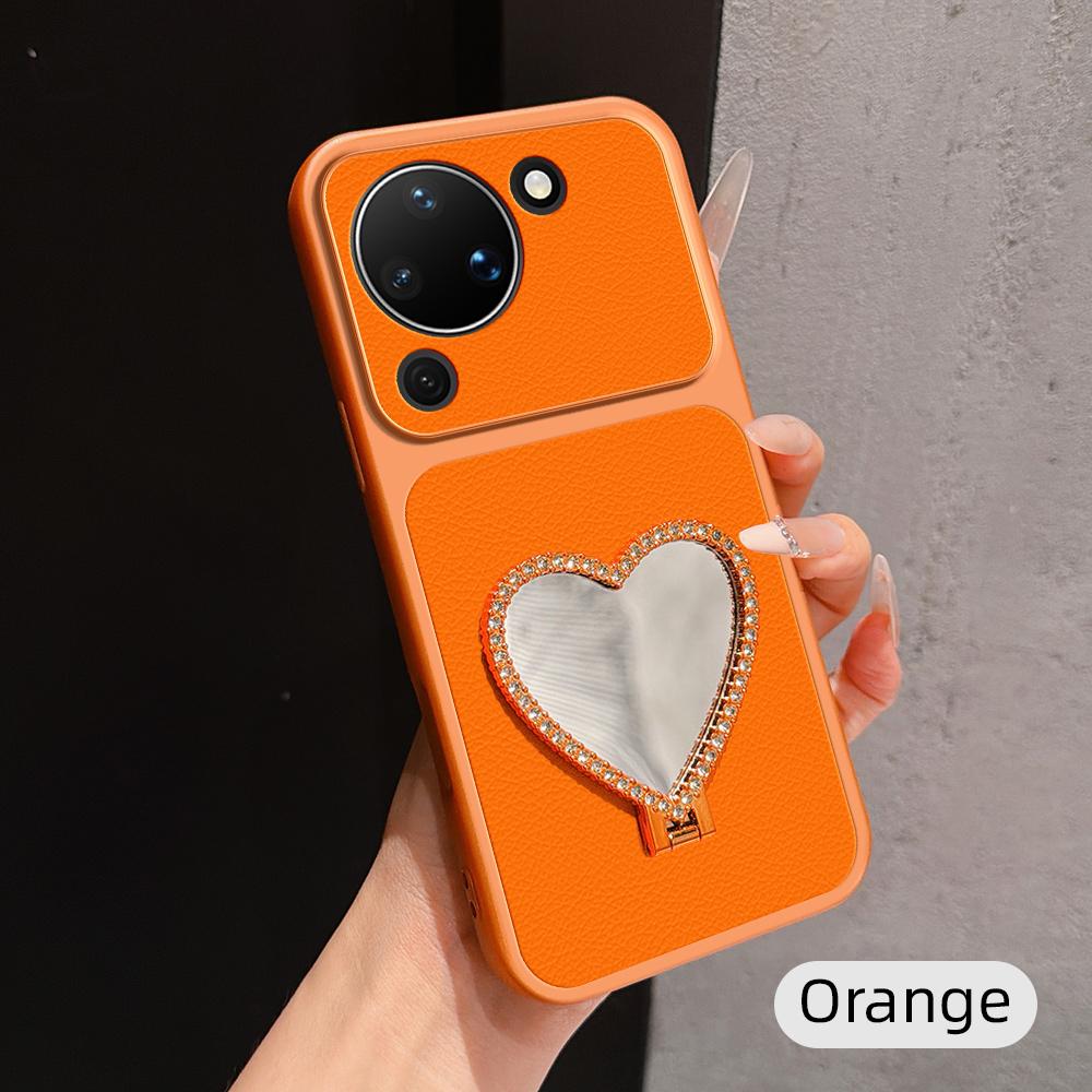 For Huawei Pura 90 5G Lambskin Series Skin Feel Shockproof Phone Case with Heart Mirror Holder - Orange - EDA009994331E