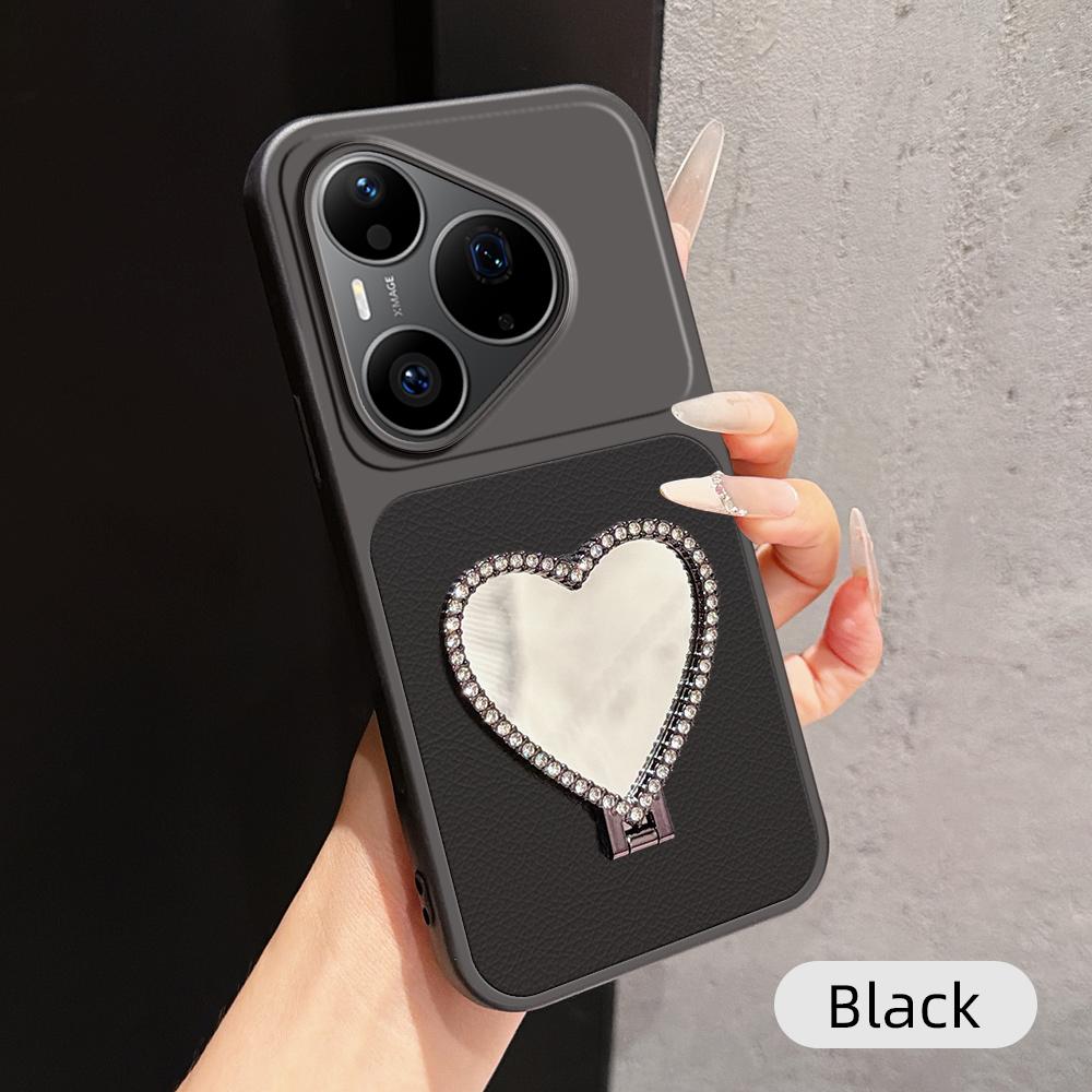 For Huawei Pura 90 Pro 5G Lambskin Series Skin Feel Shockproof Phone Case with Heart Mirror Holder - Black - EDA009994332C
