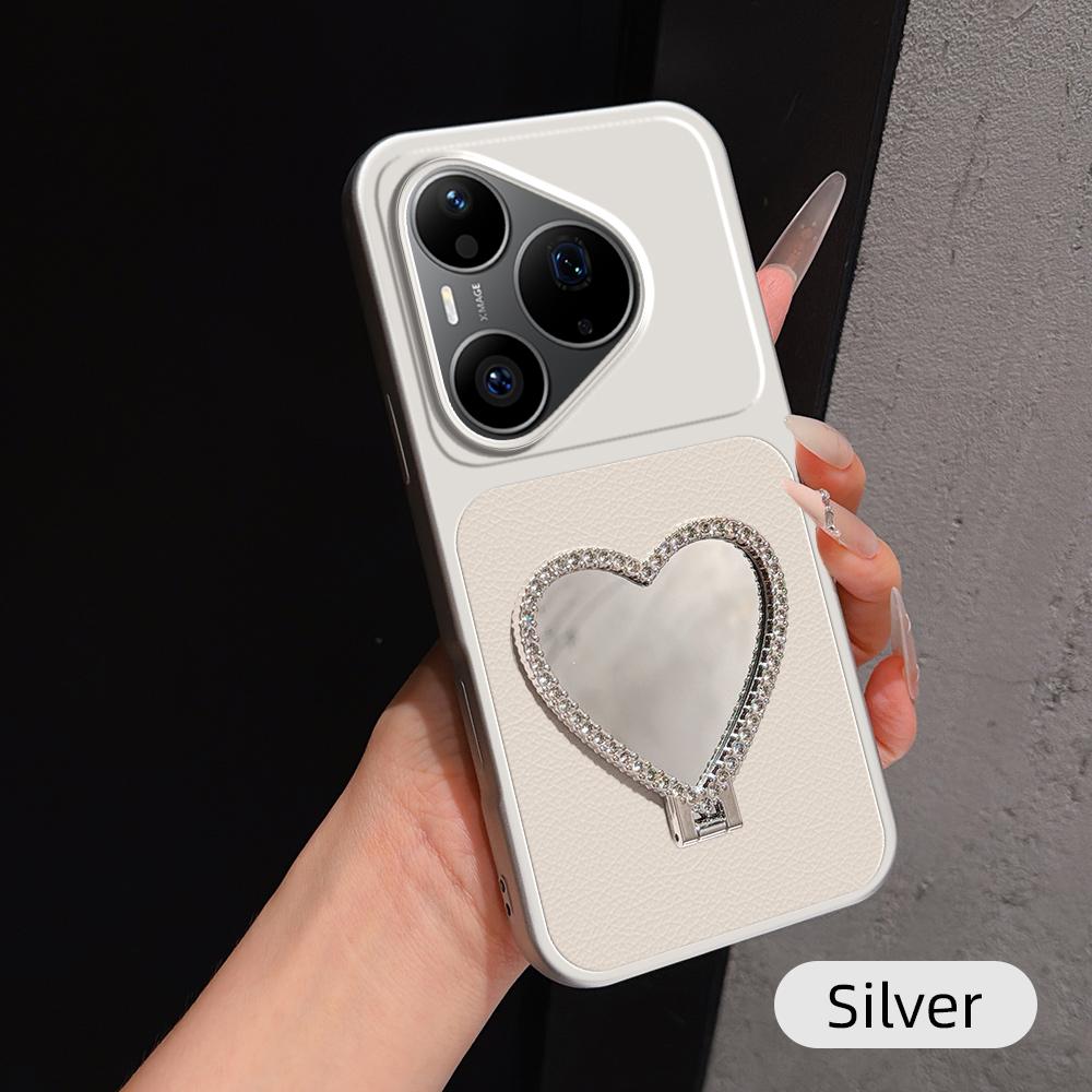 For Huawei Pura 90 Pro 5G Lambskin Series Skin Feel Shockproof Phone Case with Heart Mirror Holder - Silver - EDA009994332D