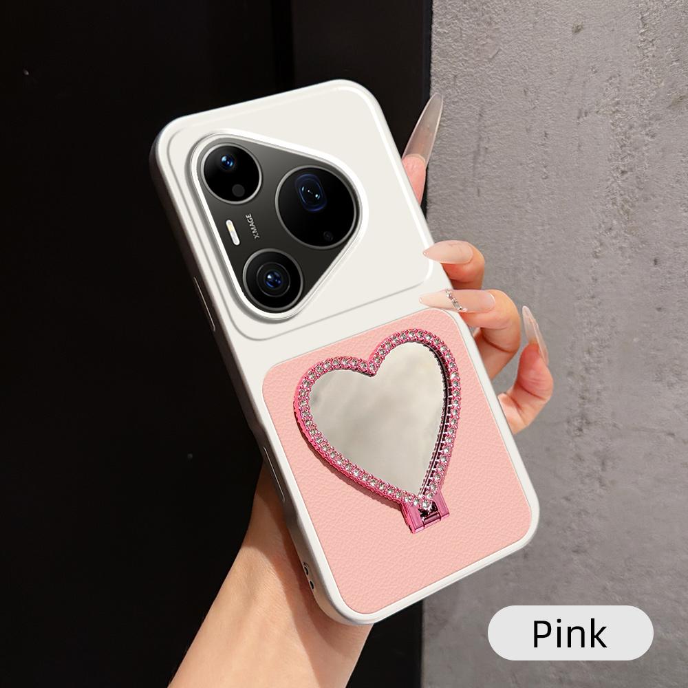 For Huawei Pura 90 Pro Max 5G Lambskin Series Skin Feel Shockproof Phone Case with Heart Mirror Holder - Pink - EDA009994333A