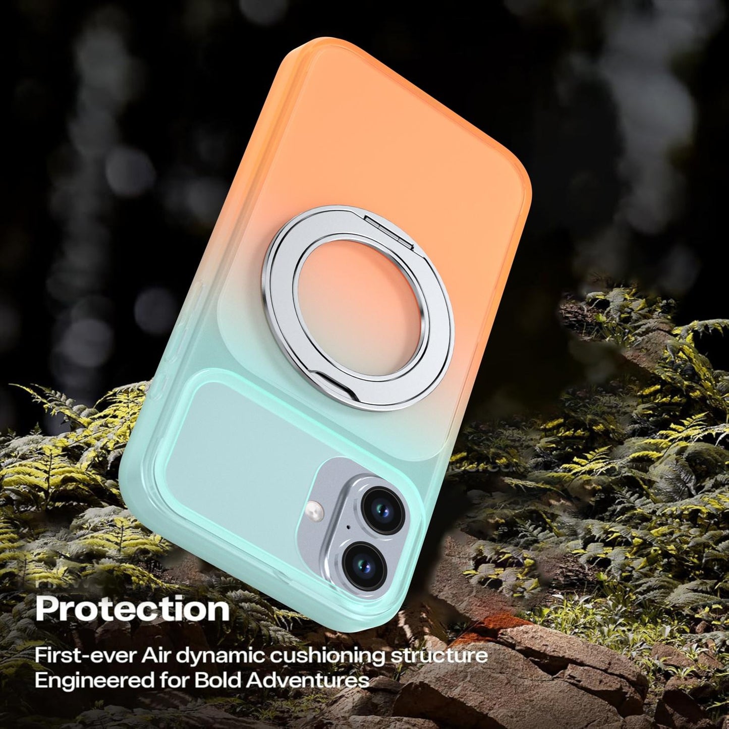 For iPhone 16 Plus Phantom Skin Feel Gradient 360 Degree Rotating Holder Phone Case(Orange)