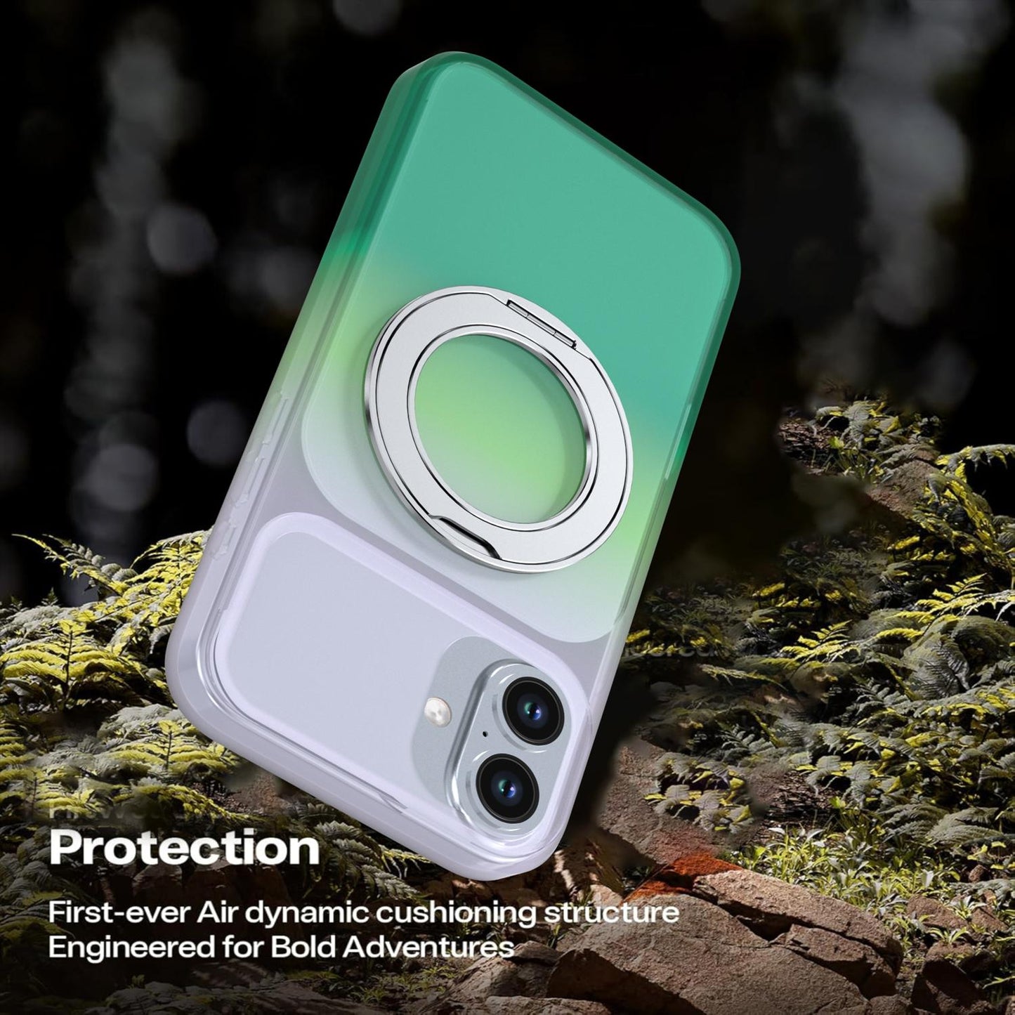 For iPhone 16 Plus Phantom Skin Feel Gradient 360 Degree Rotating Holder Phone Case(Green)
