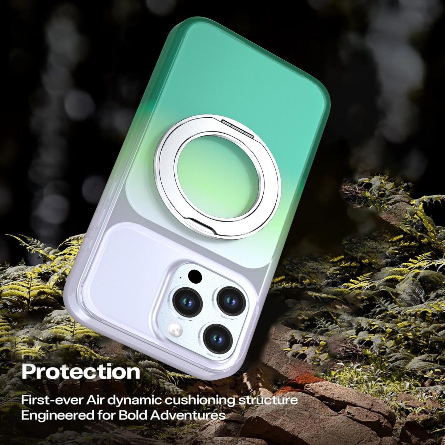 For iPhone 15 Pro Max Phantom Skin Feel Gradient 360 Degree Rotating Holder Phone Case(Green)