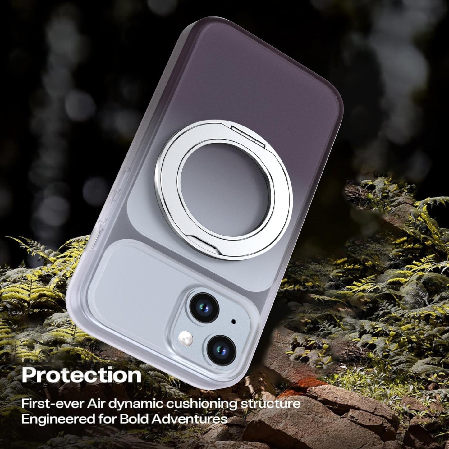 For iPhone 15 Phantom Skin Feel Gradient 360 Degree Rotating Holder Phone Case(Grey)