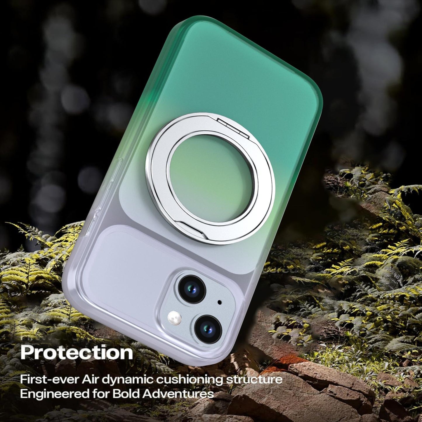For iPhone 15 Phantom Skin Feel Gradient 360 Degree Rotating Holder Phone Case(Green)