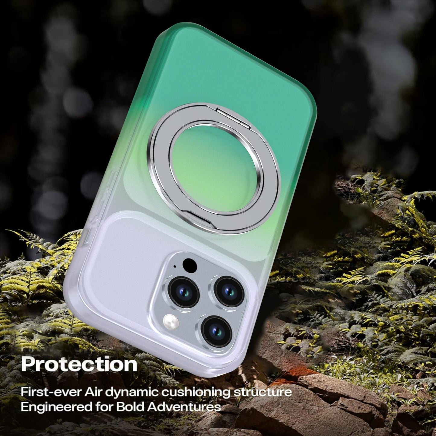 For iPhone 14 Pro Phantom Skin Feel Gradient 360 Degree Rotating Holder Phone Case(Green)