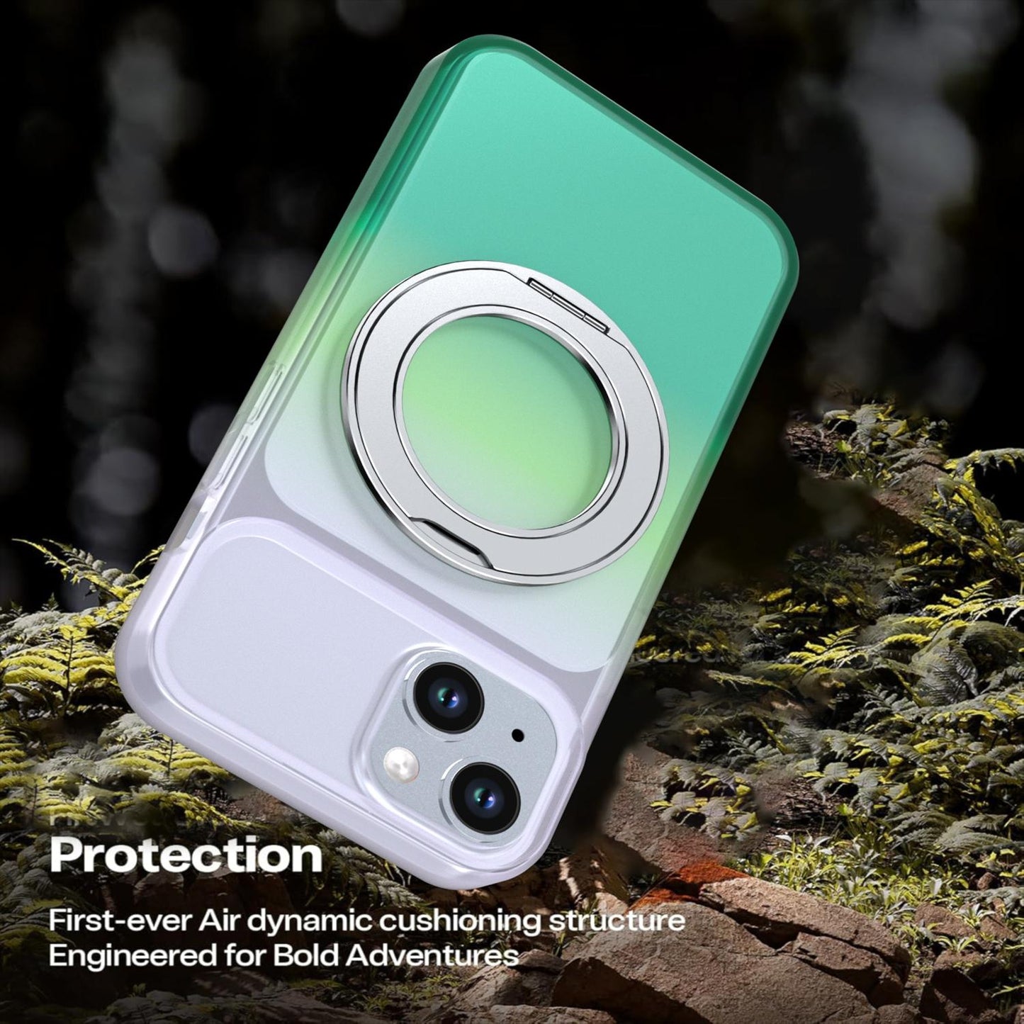 For iPhone 14 / 13 Phantom Skin Feel Gradient 360 Degree Rotating Holder Phone Case(Green)
