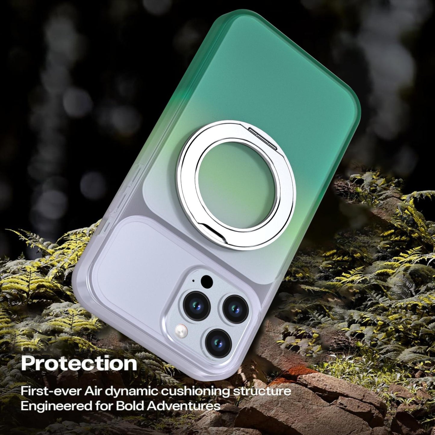 For iPhone 13 Pro Max Phantom Skin Feel Gradient 360 Degree Rotating Holder Phone Case(Green)